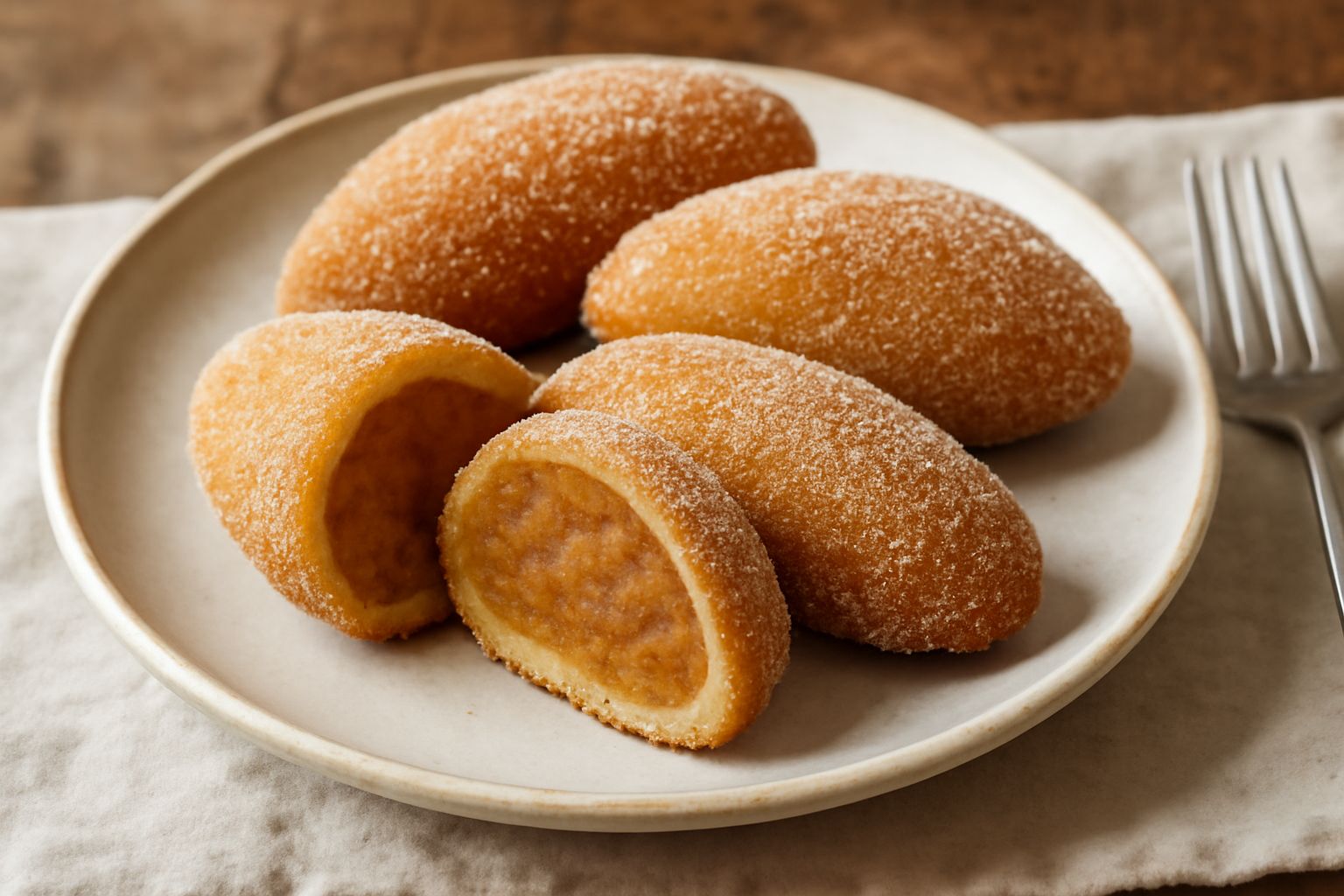 Cugnetti fritti dorati su un piatto bianco, ricoperti di zucchero semolato, con cachi interi sullo sfondo e foglie d'autunno