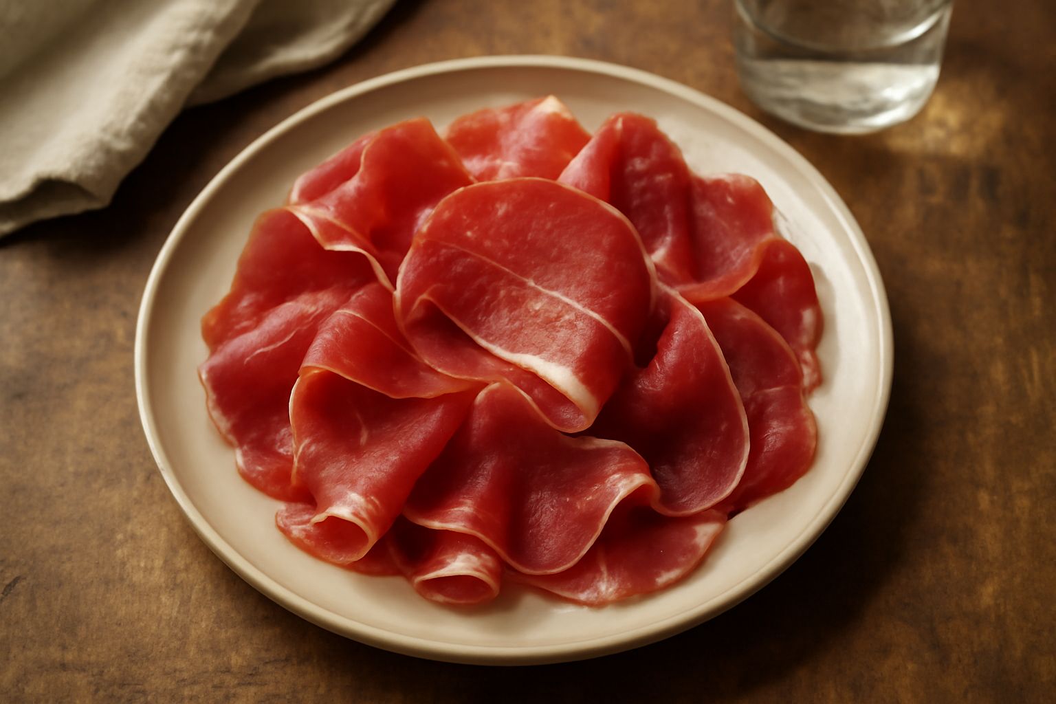 Fette sottili di culatello color rosso intenso disposte a ventaglio su piatto bianco con grissini e bicchiere di vino