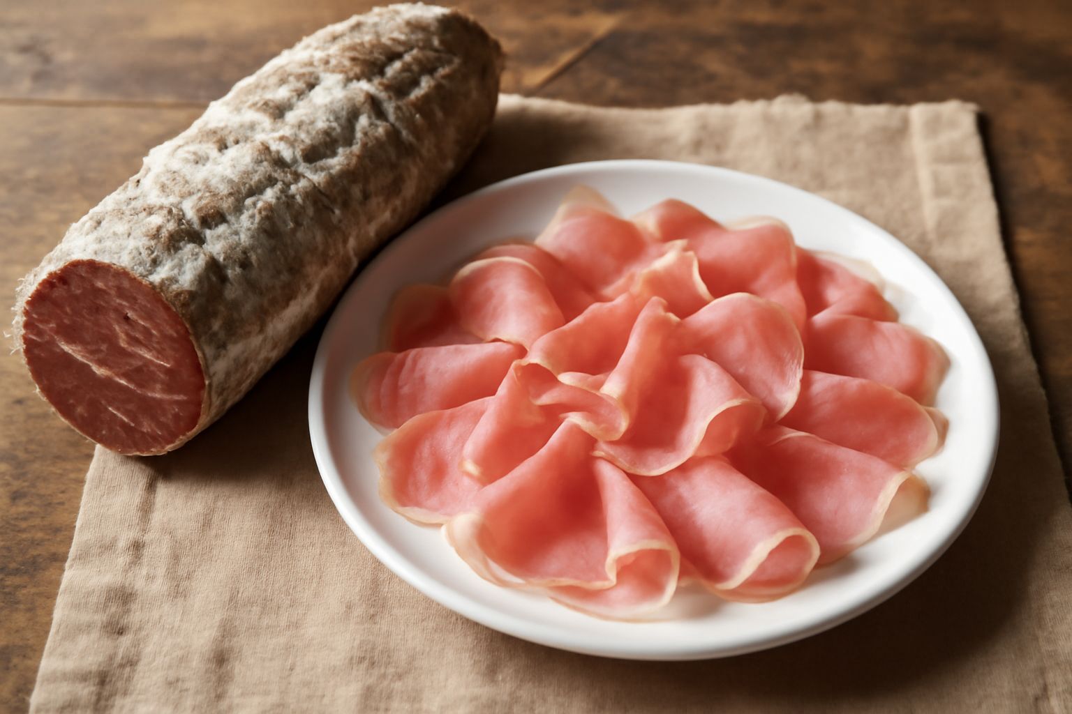 Fette sottilissime di Culatello di Felino rosso scuro disposte a ventaglio su piatto bianco, con alone rosa pallido ai bordi, accompagnate da grissini lunghi e croccanti