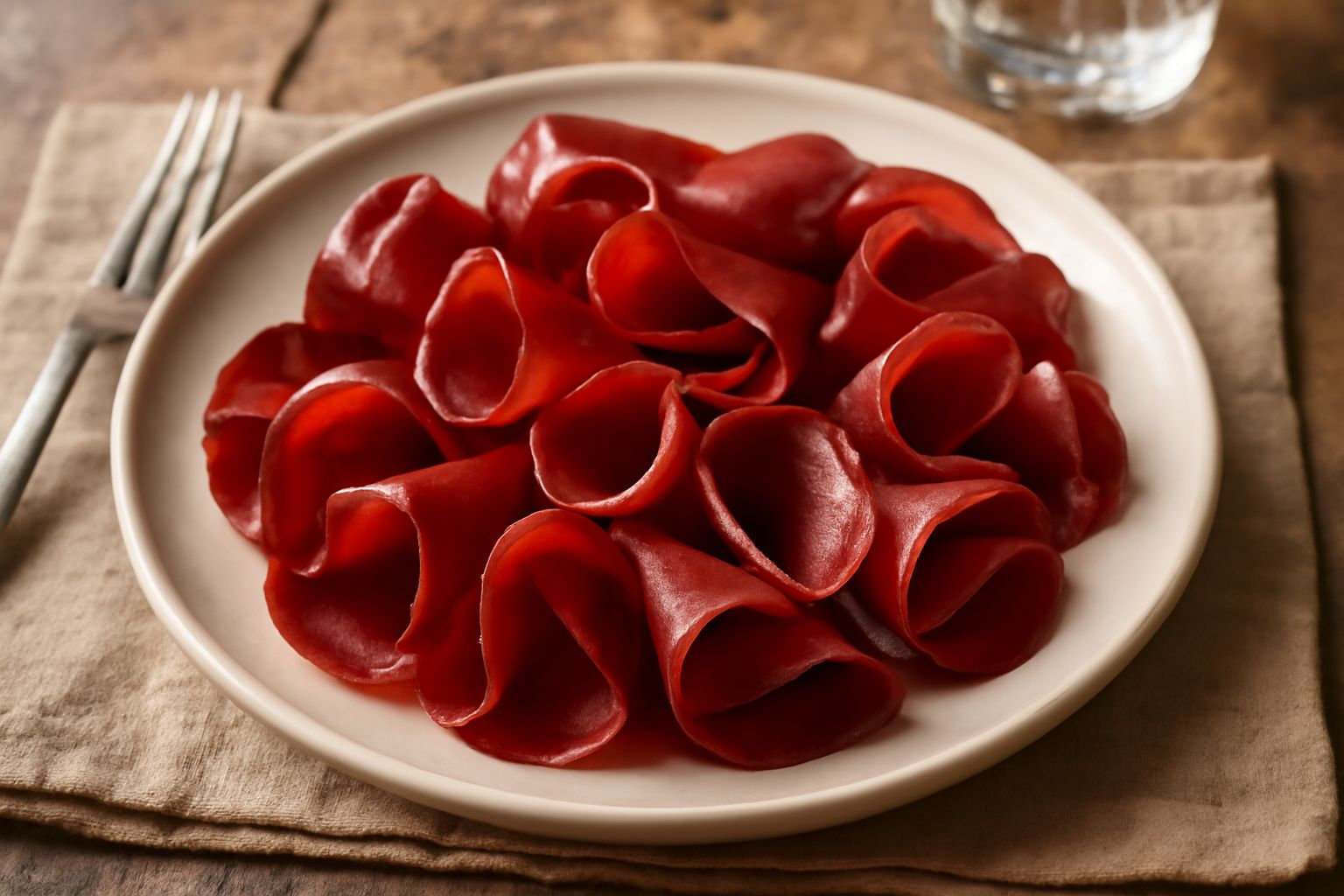 Fette sottili di culatello di Friuli rosso scuro arrotolate leggermente su un piatto bianco, con bordo irregolare, accompagnate da grissini e una costa di sedano fresco