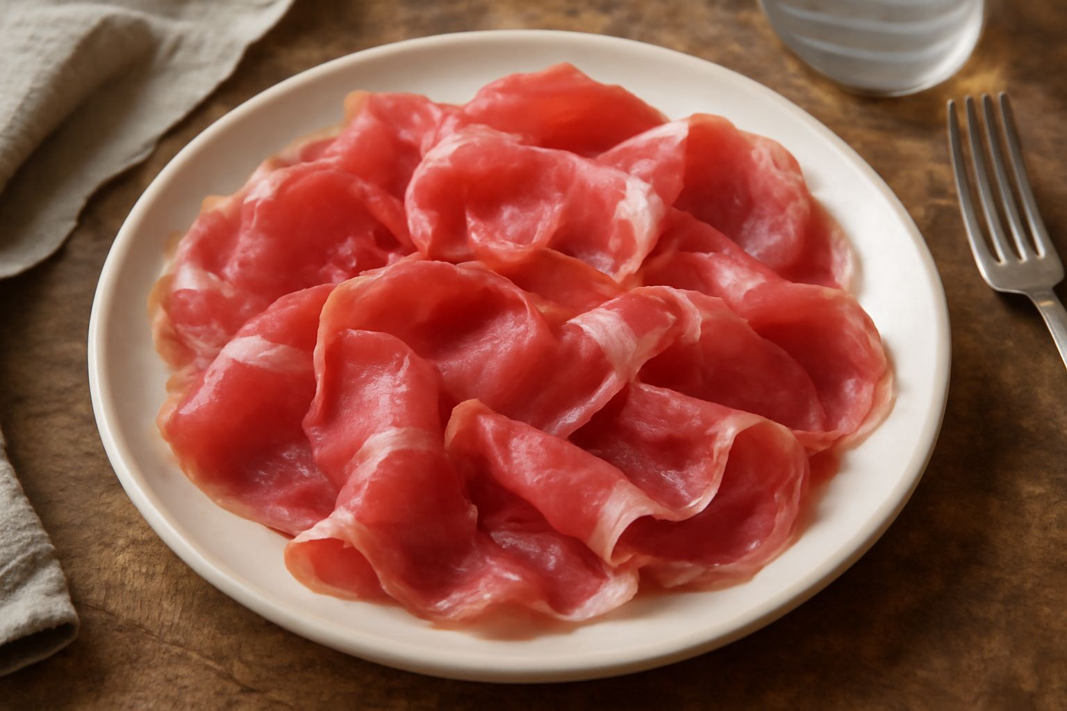 Culatello di Zibello affettato al coltello su un tagliere di legno, fette sottili e trasparenti, colore rosa antico, accanto a pane toscano e bicchiere di vino rosso
