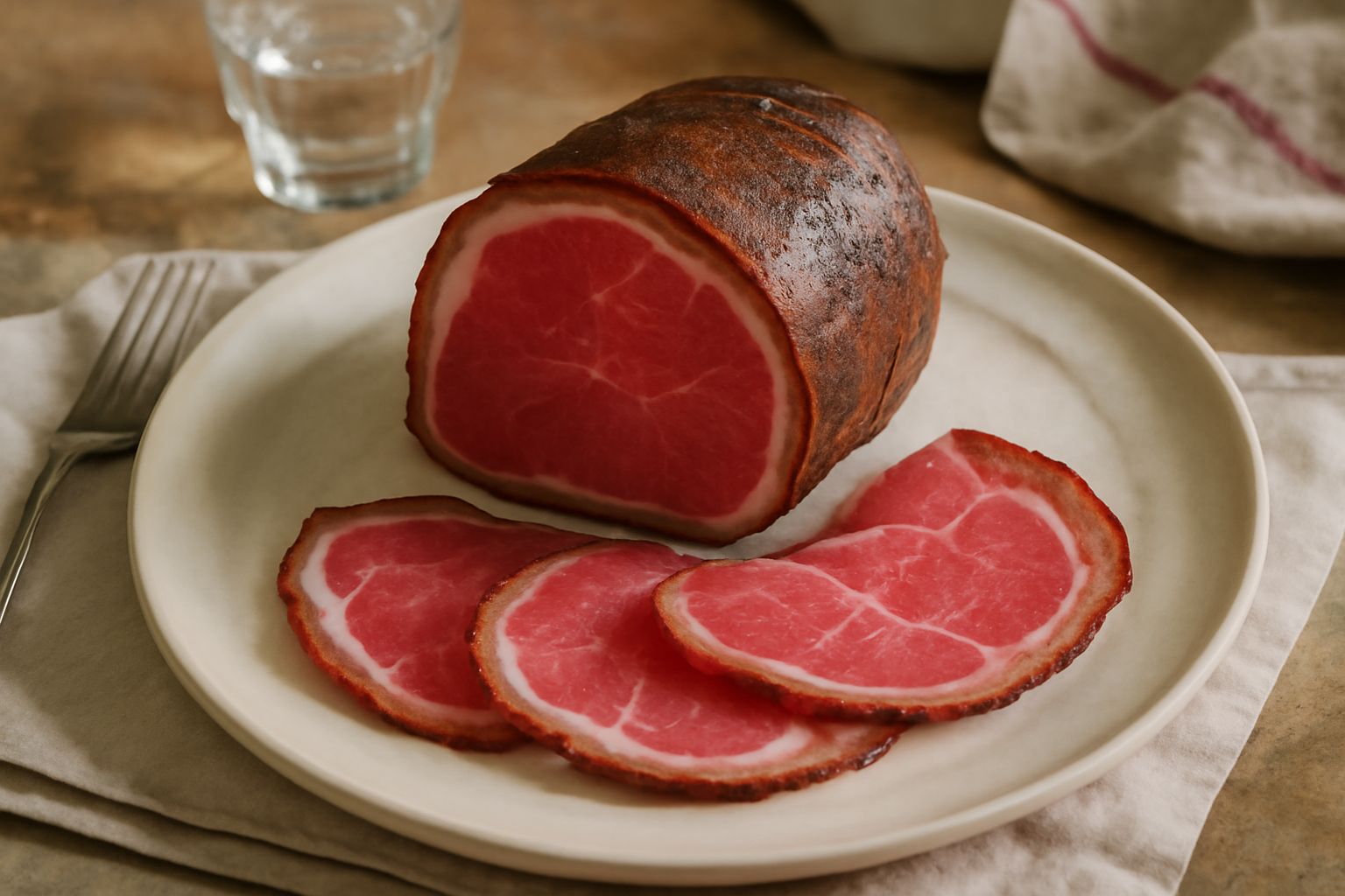 Culatello di Zibello intero con cotenna scura naturale e marchio di denominazione, affettato in fette sottili su un tagliere di legno, con colore rosso brillante della carne e venature di grasso bianc