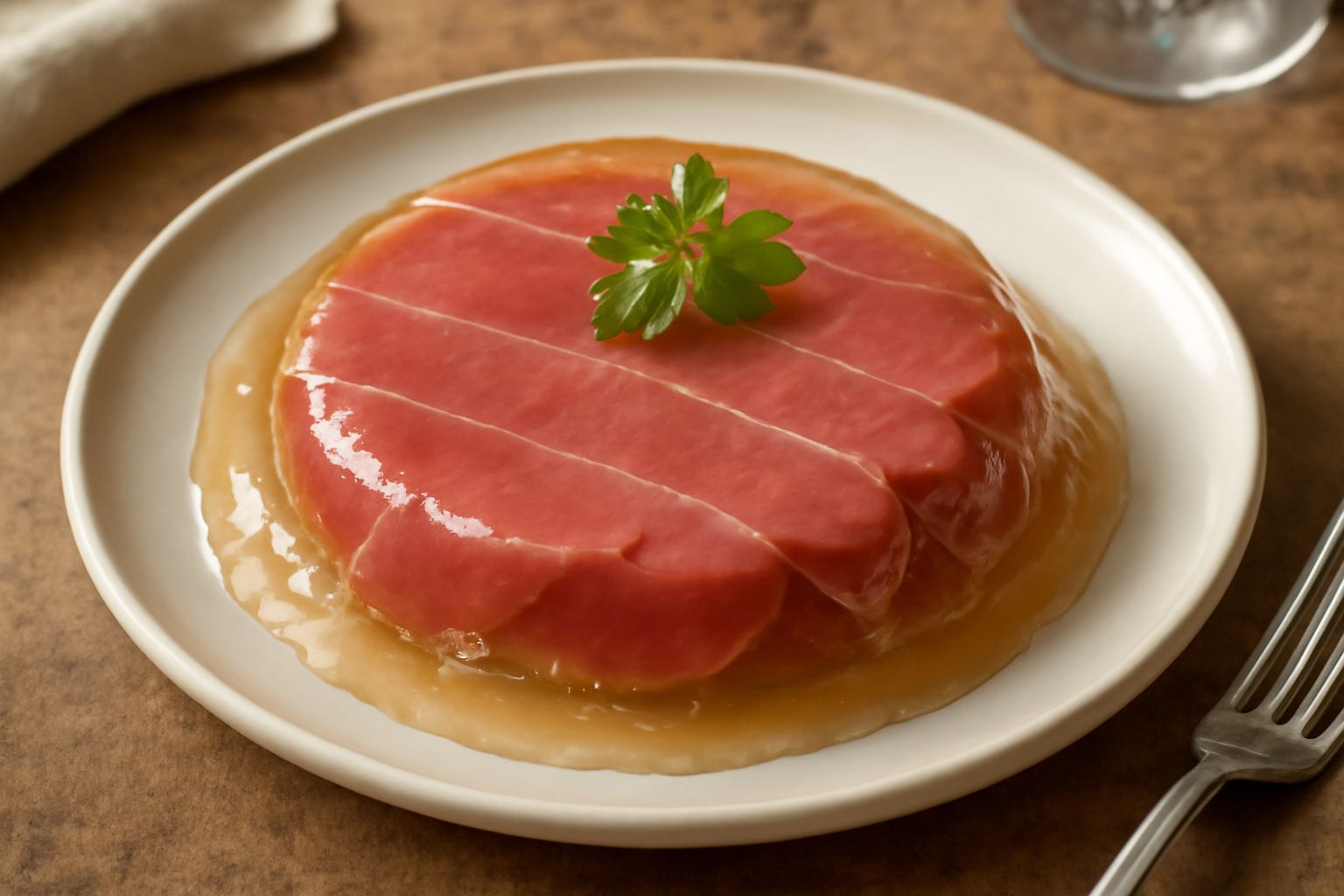 Piatto di porcellana bianca con fette di culatello rosato coperte da gelatina trasparente e lucida, contorno di gelatina tremolante, prezzemolo fresco verde in cima, sfondo neutro