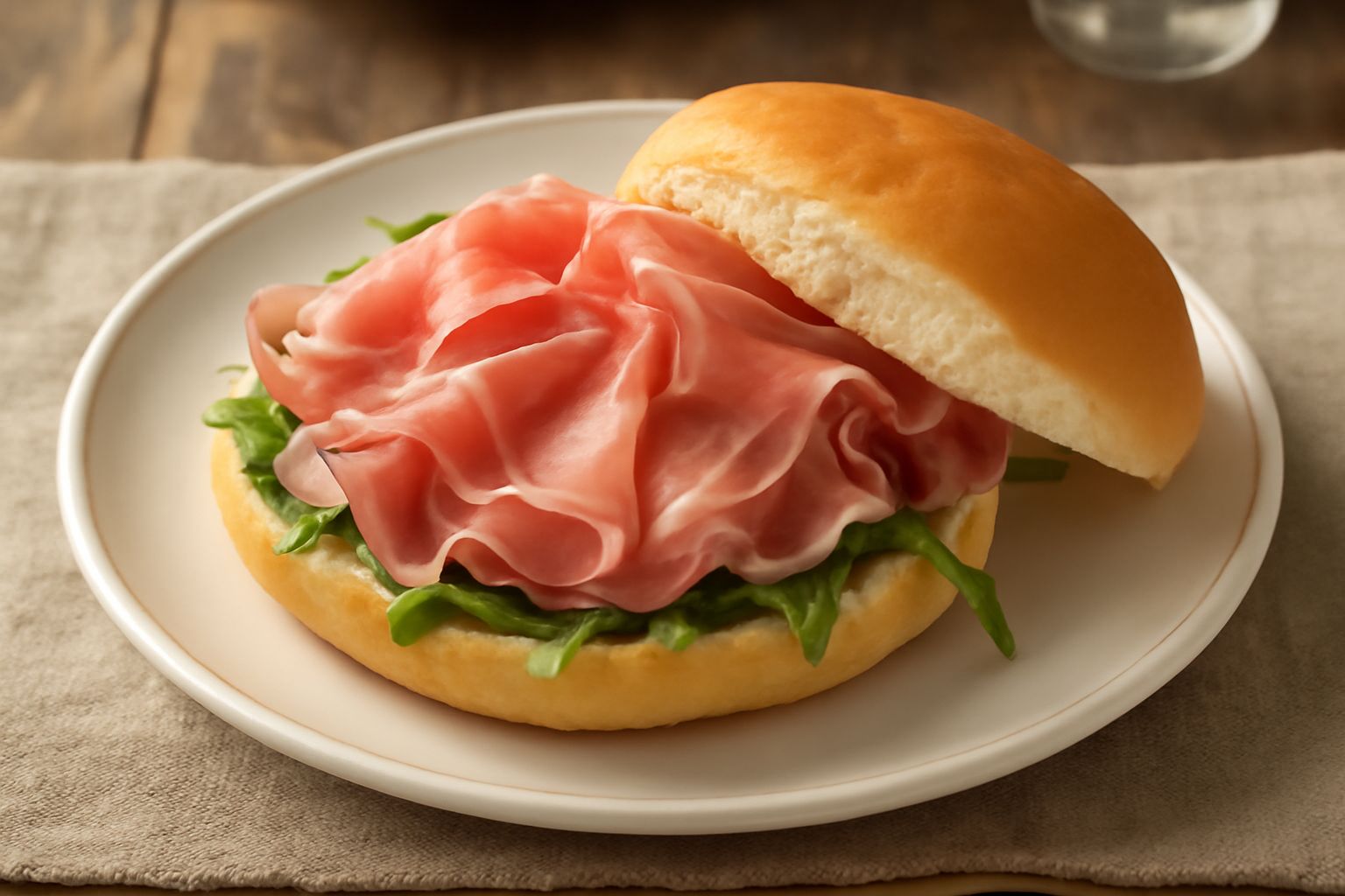 Panino aperto con fette sottilissime di culatello di Parma rosa, burro spalmato sul pane bianco morbido, rucola fresca verde, su piatto bianco