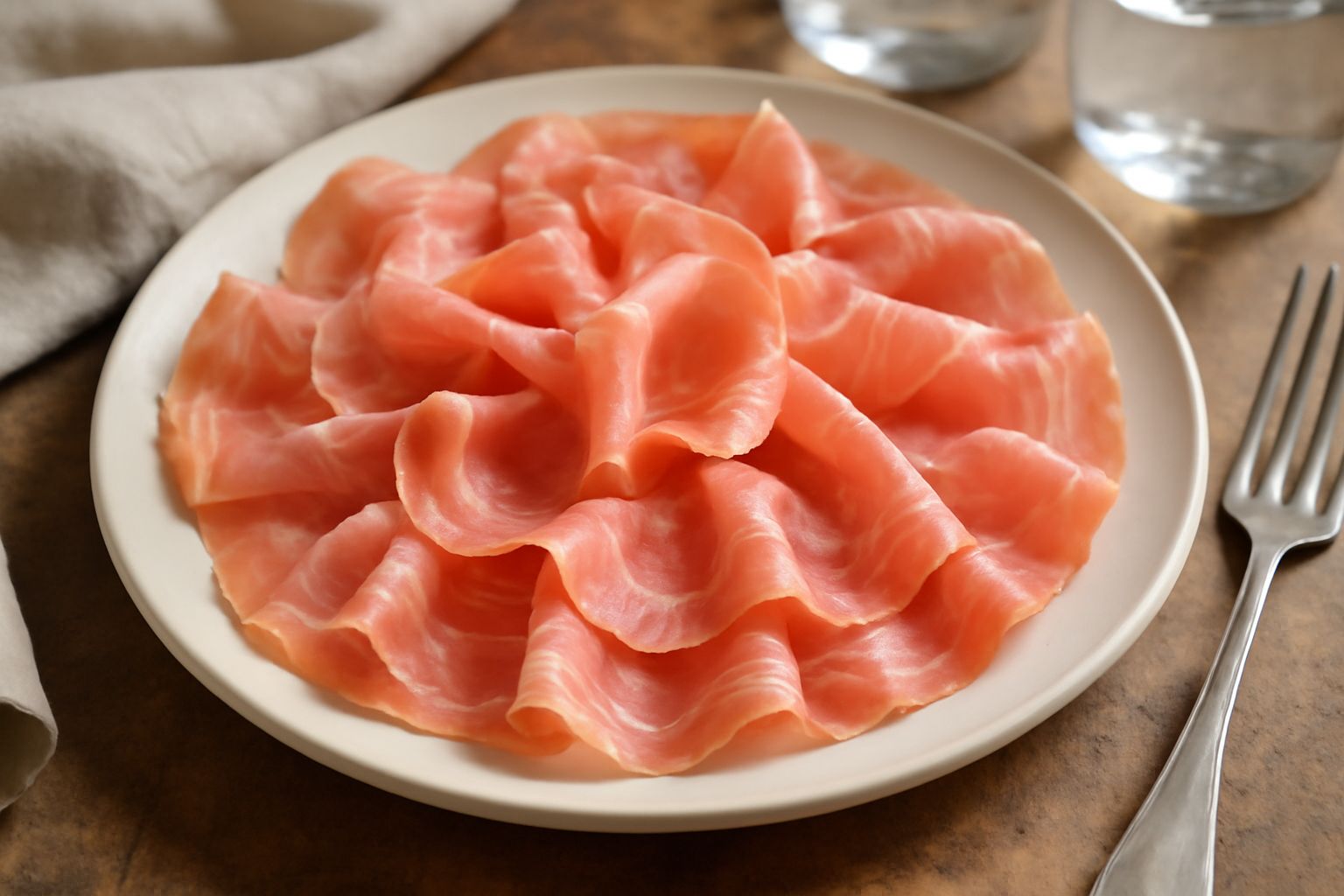 Fette sottili di culatello marchigiano di colore rosa pallido e bianco marmorizzato, disposte a ventaglio su un piatto bianco con pane tostato e burro fresco a lato