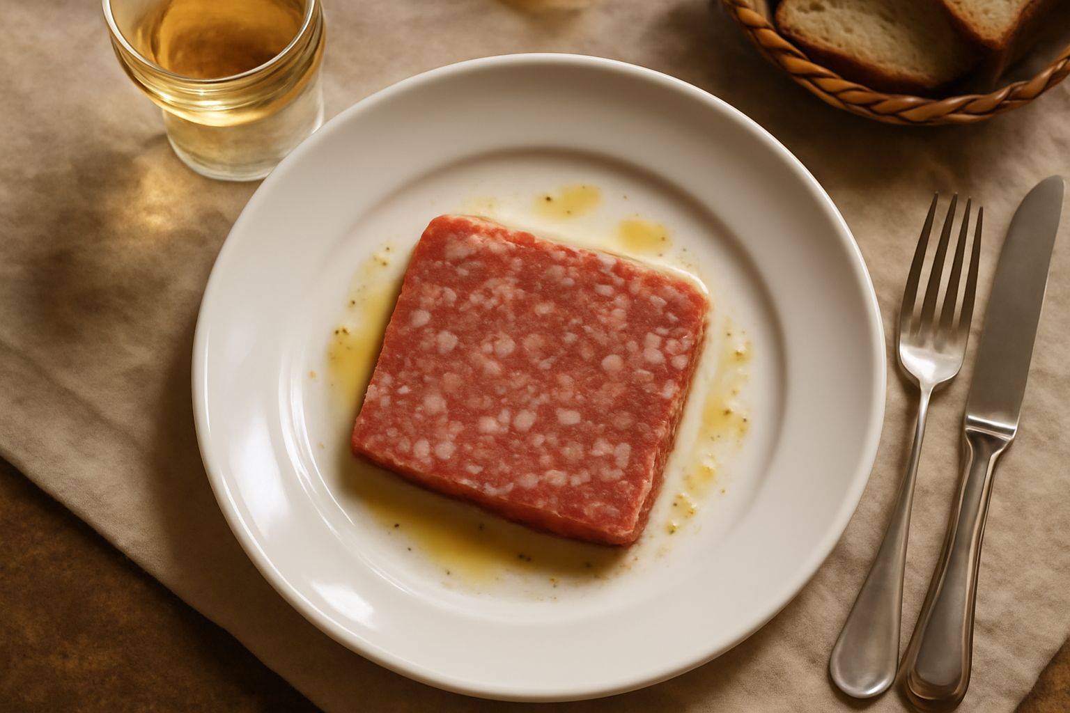 Culatello pressato affettato in fette sottili disposte a ventaglio su un piatto bianco, con colore rosato uniforme e superficie liscia e compatta, accompagnato da pane tostato e un bicchiere d'acqua