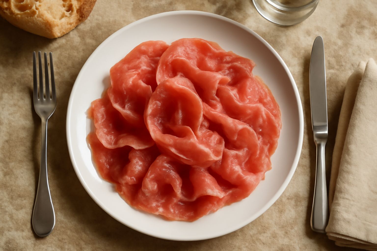 Fette sottili di culattello rosso scuro e rosa disposte a ventaglio su un piatto bianco, con un coltello da affettamento e pane tostato croccante di lato