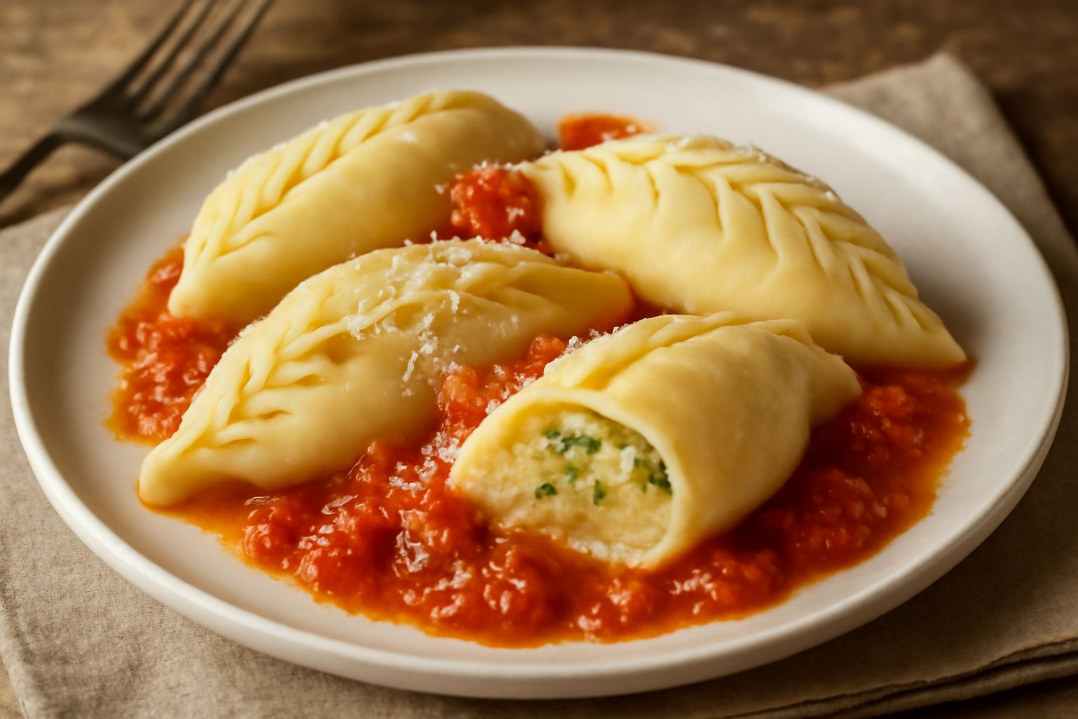 Piatto di culurgioni sardi caldi, ravioli di pasta fresca con ripieno visibile in sezione, guarniti con menta verde e un filo di olio d'oliva, serviti su fondo bianco