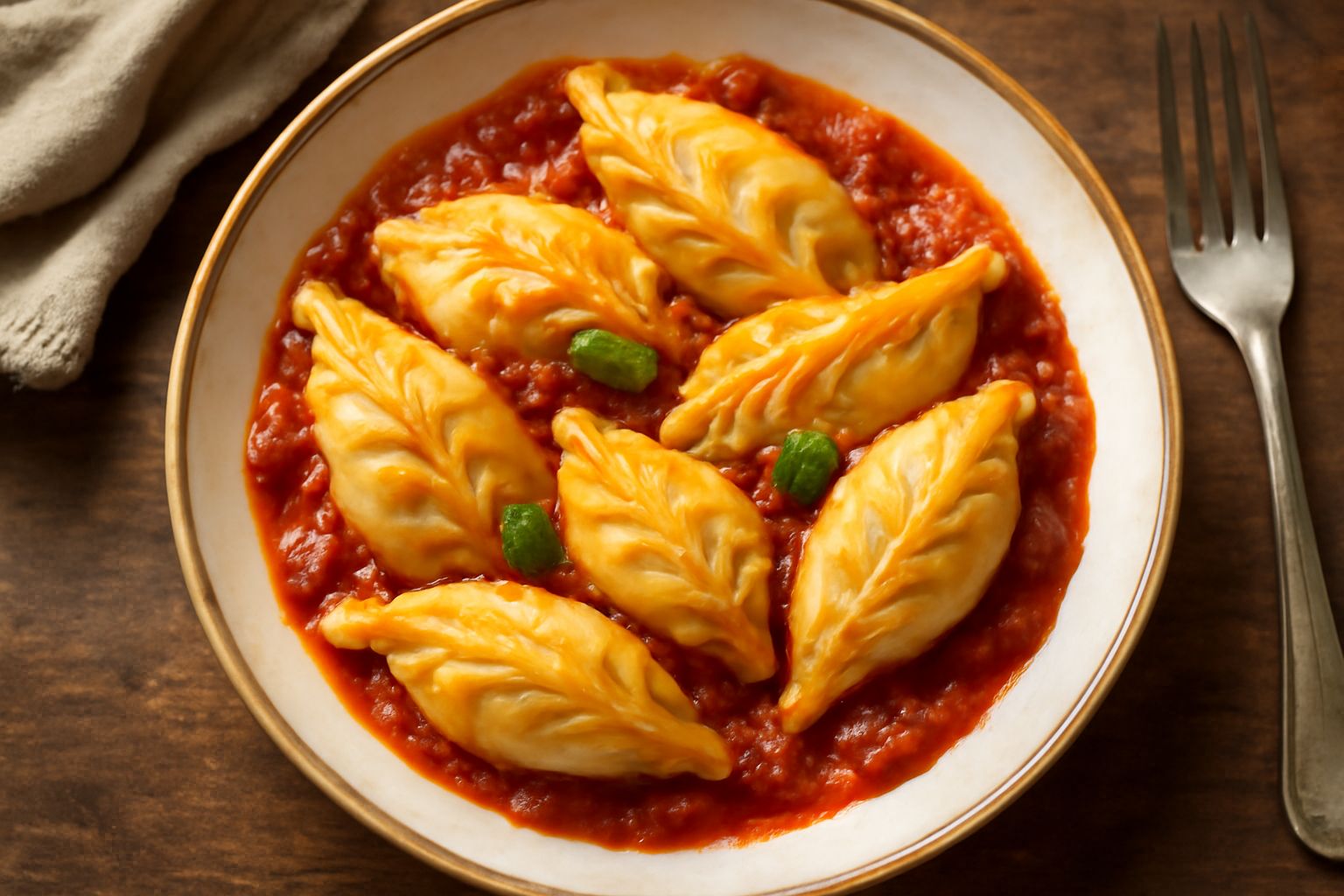 Culurgiones sardi disposti nel piatto, pasta dorata con caratteristica piega a intreccio, conditi con salsa di pomodoro leggera e pecorino romano grattugiato, due o tre pezzi in primo piano morbidi al