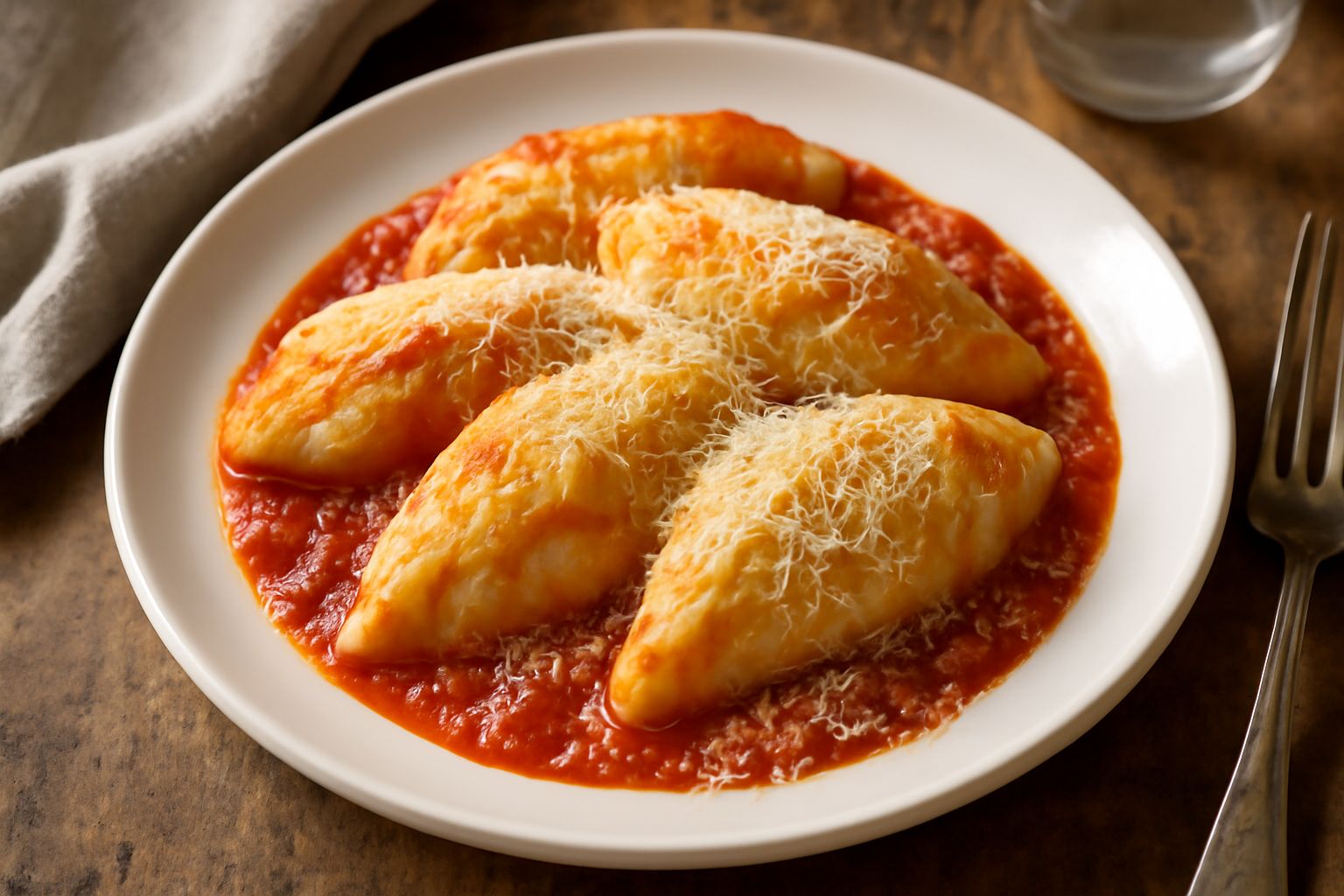 Culurgiones alla foggiana su piatto bianco, pasta ripiena di forma ovale con bordi arricciati, ricoperti di sugo di pomodoro rosso intenso e grattugia di formaggio giallo, guarniti con foglioline di m