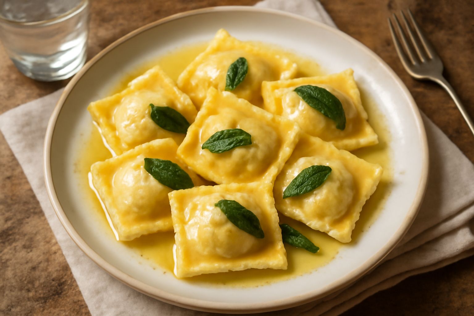 Una porzione di culurgiones alla novarese nel piatto, ravioli quadrati di pasta all'uovo beige chiaro con ripieno visibile al taglio di colore giallo crema, coperti di burro fuso e salvia fritta, cont