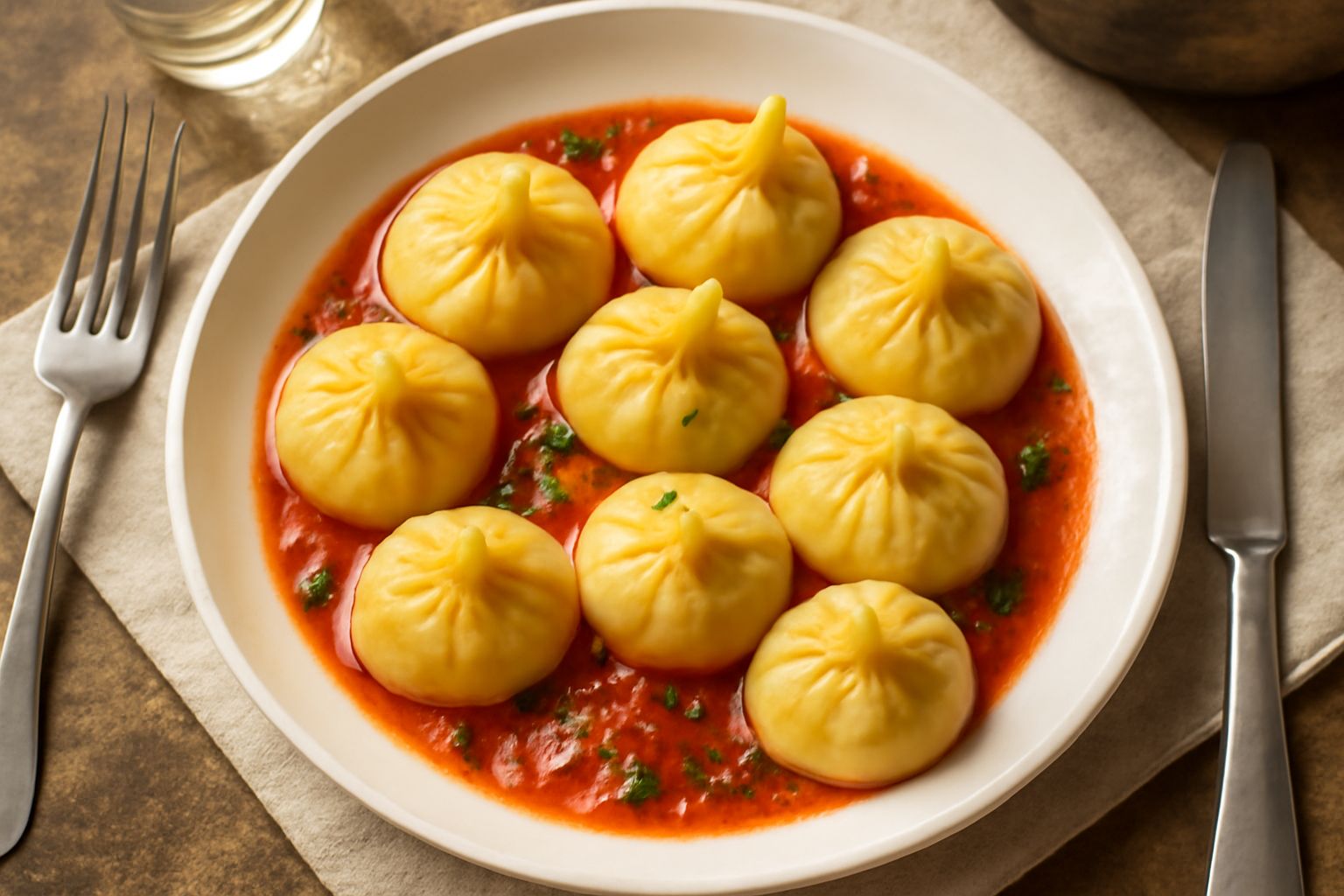 Piatto di culurgiones caldi appena serviti, ravioli sardi di color giallo paglierino con la tipica chiusura a torsione sulla sommità, cosparsi di formaggio grattugiato e salsa di pomodoro leggera, su 