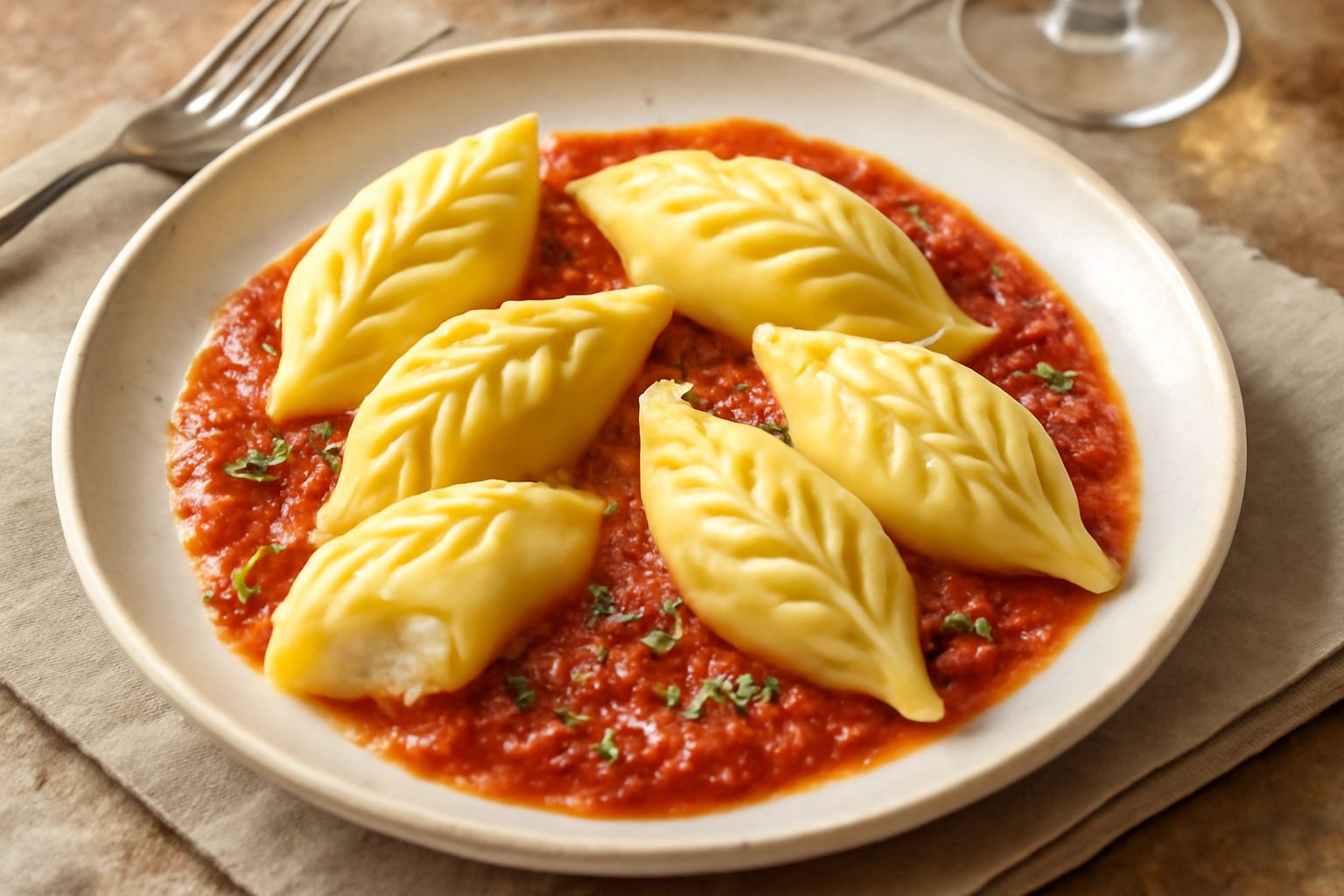 Culurgiones sardi disposti nel piatto, con la caratteristica piega a spiga in evidenza, presentati in salsa di pomodoro leggera, spolverati di pecorino grattugiato, su un fondo di tavolo in legno