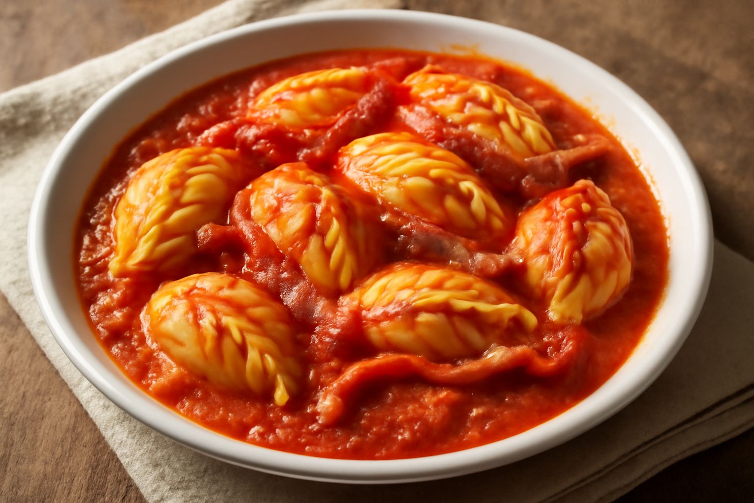 Piatto di culurgiones conditi con salsa di pomodoro rosso acceso, fette di guanciale croccante dorate, fiocchi di pecorino bianco, foglia di menta fresca verde scuro, serviti su piatto bianco ceramica