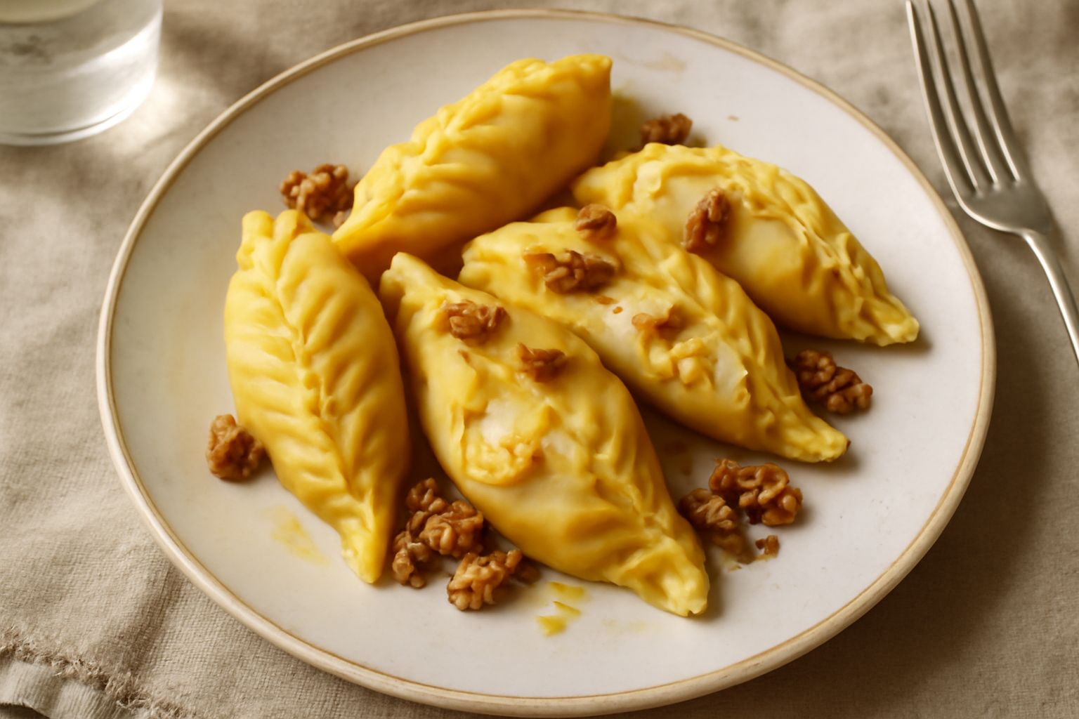 Culurgiones alle noci in un piatto bianco, ravioli sardi con bordi arricciati, ricoperti di sugo di pomodoro rosso e guarniti con foglie di prezzemolo fresco, pasta gialla al semola.