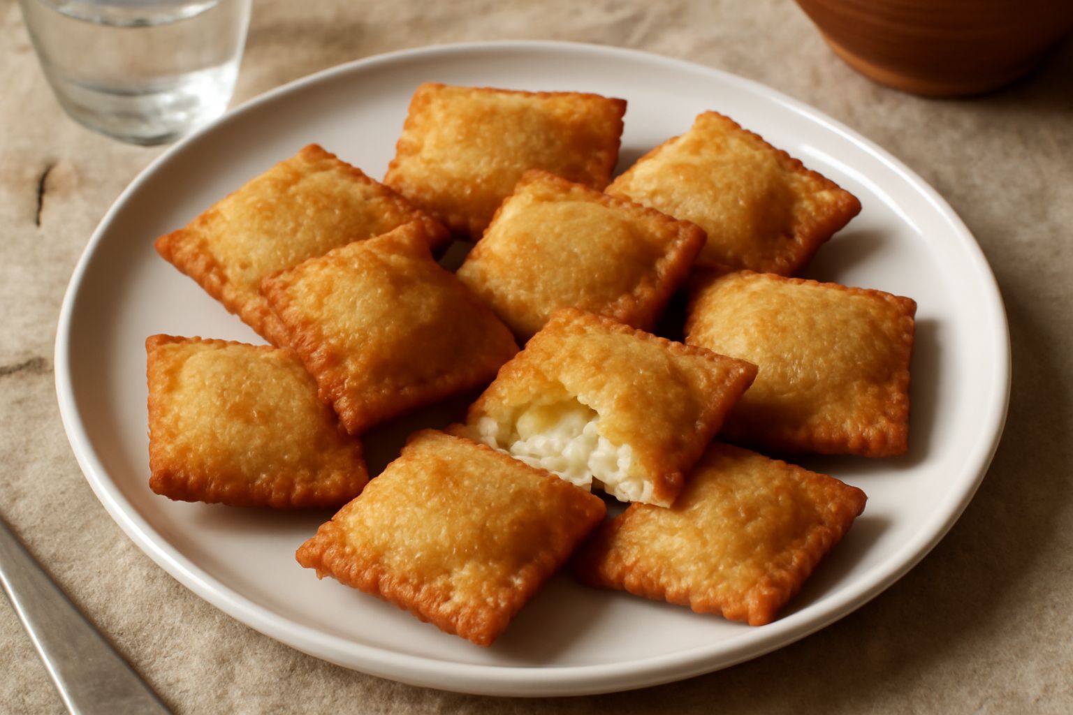 Culurgiones aquilani dorati appena fritti in un piatto bianco, croccanti, con formaggio fuso visibile nel ripieno spaccato, contornati da farina bianca sul piano di lavoro