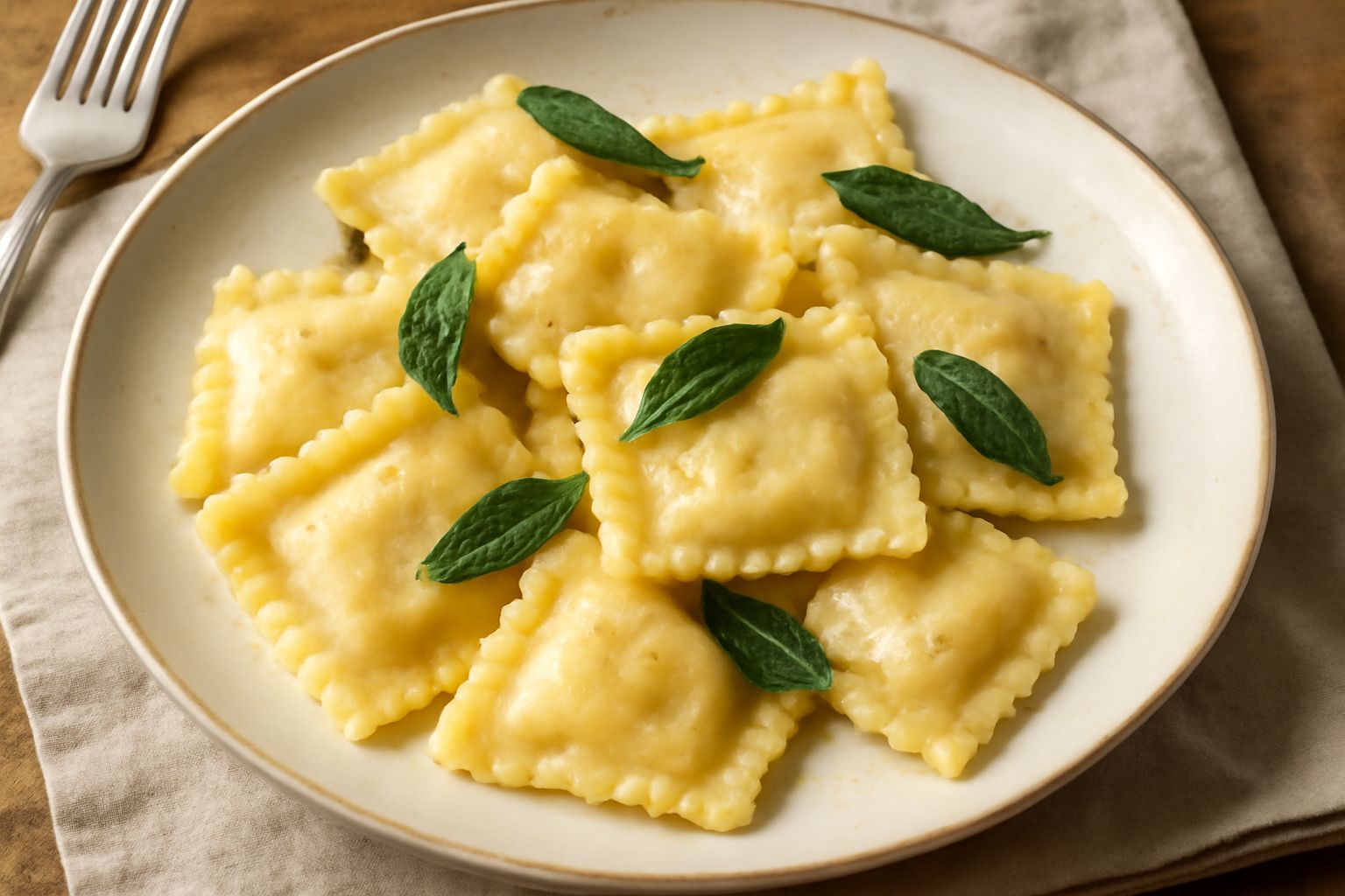 Piatto di culurgiones avellinesi dorati appena bolliti, con salvia fresca e burro sciolto, su fondo bianco porcellana