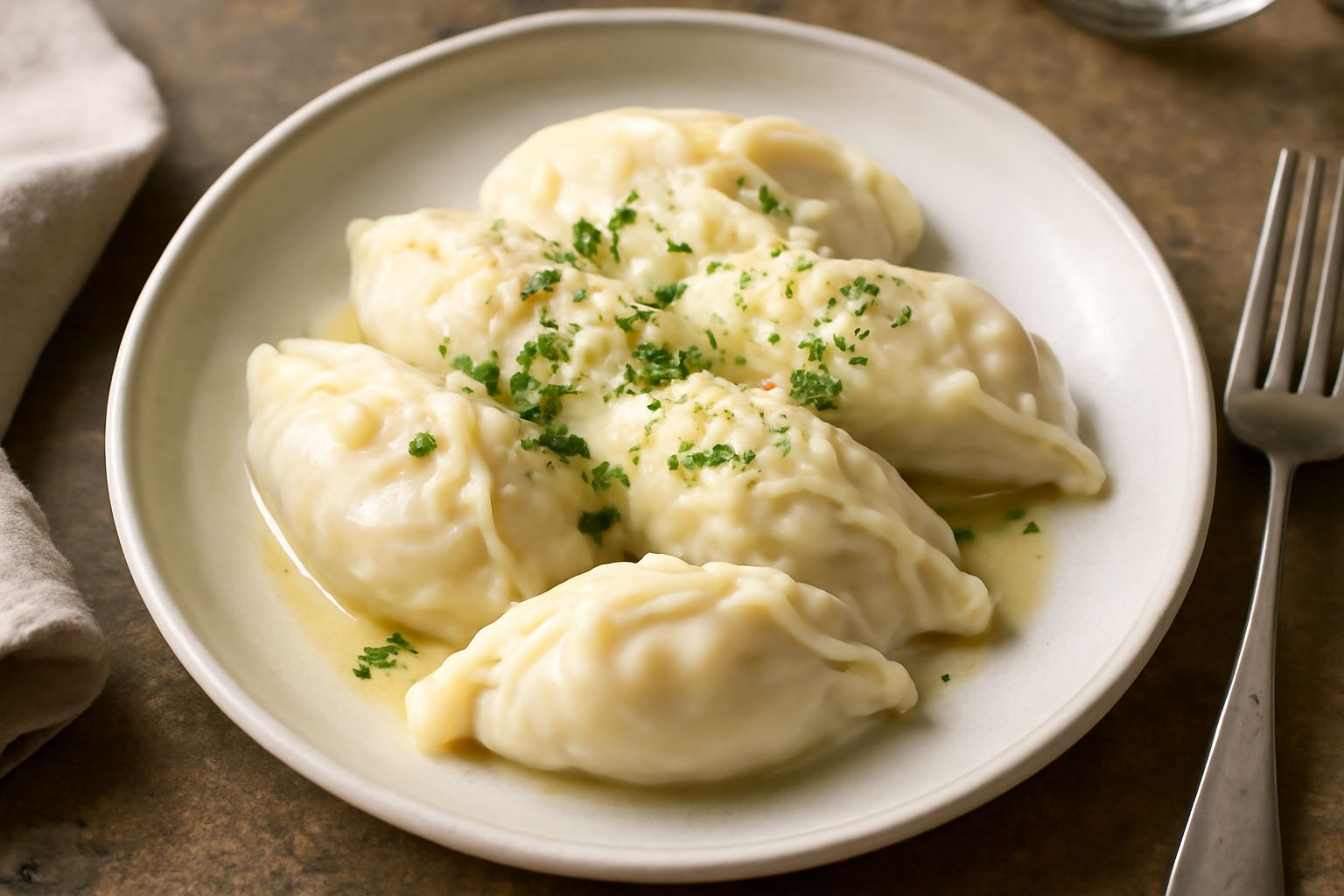 Piatto di culurgiones bergamaschi cotti al vapore, di colore bianco panna, ricoperti di burro fuso e foglie di salvia fresca verde, serviti in piatto di ceramica bianca