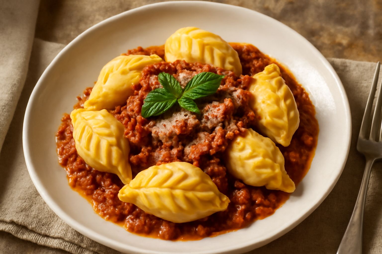 Culurgiones sardi ripieni di patate su un piatto fondo con ragù rosso scuro, guarniti con formaggio grattugiato bianco e una foglia di menta fresca, contorno di ragù fumante intorno ai ravioli