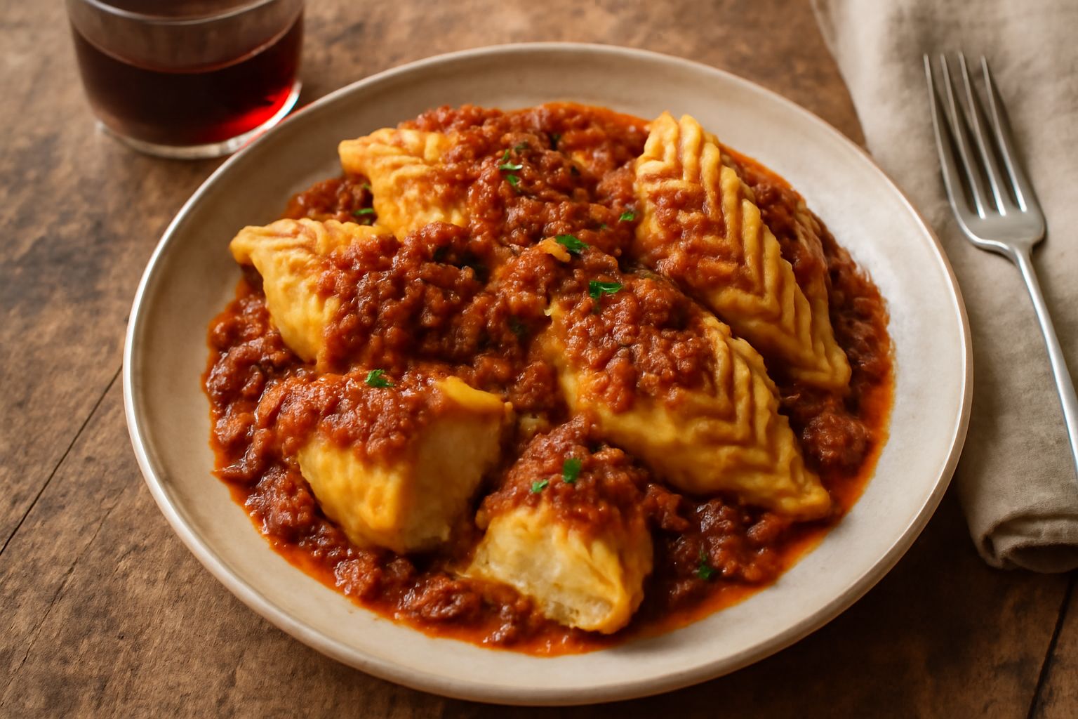 Culurgiones appena cotti su piatto bianco, rigatini di pasta dorata, ricoperti di ragù marrone-rosso di salsiccia, con una leggera spolverata di pecorino grattugiato