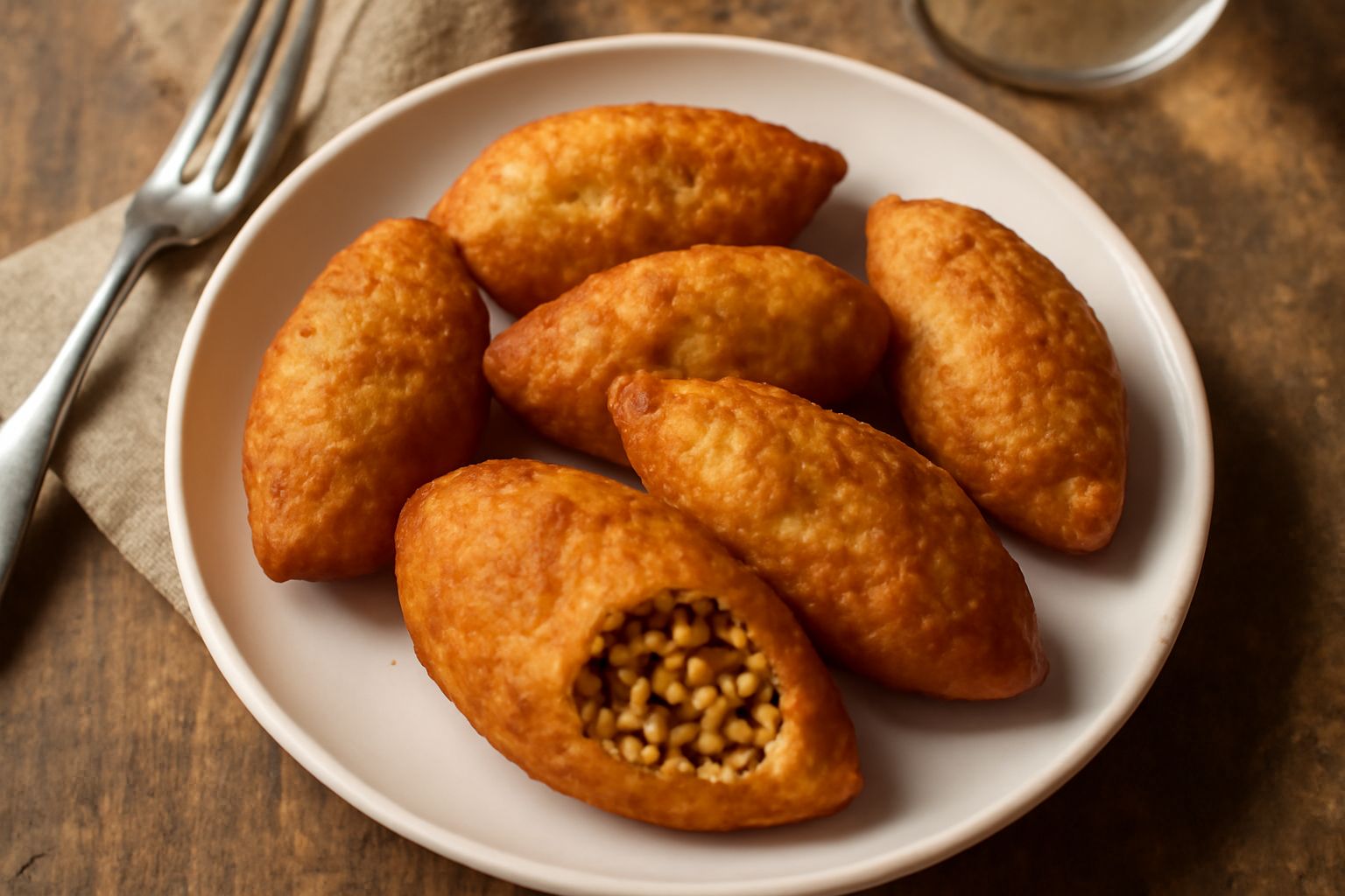 Culurgiones de binu fritti disposti su un piatto bianco, dorati e croccanti, ricoperti leggermente di miele e spolverati di noce moscata, con una tazza di caffè sullo sfondo