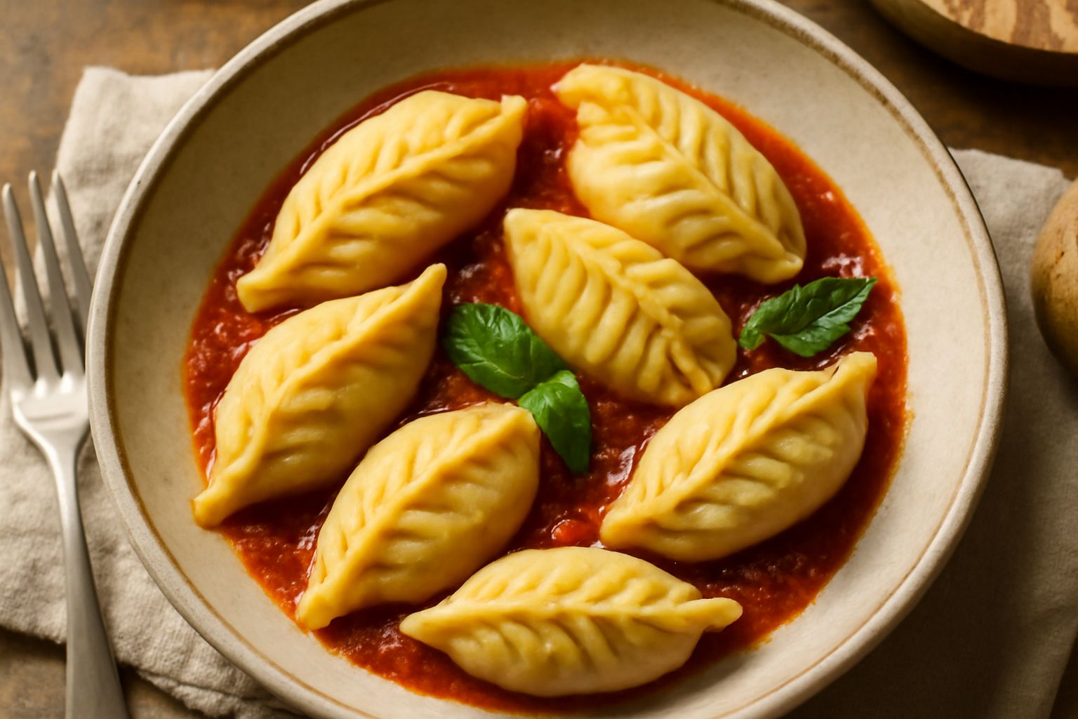 Piatto di culurgiones de carne dalla forma caratteristica con piega centrale e dorso rigato, ricoperti di ragù rosso e formaggio grattugiato, serviti su piatto bianco