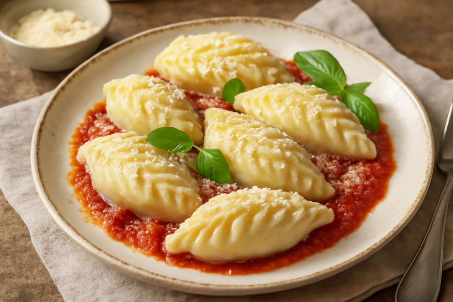 Culurgiones di patata appena cotti nel piatto, di colore giallo pallido con la piega caratteristica chiusa, cosparsi di formaggio grattugiato, accompagnati da una piccola ciotola di sugo di pomodoro s