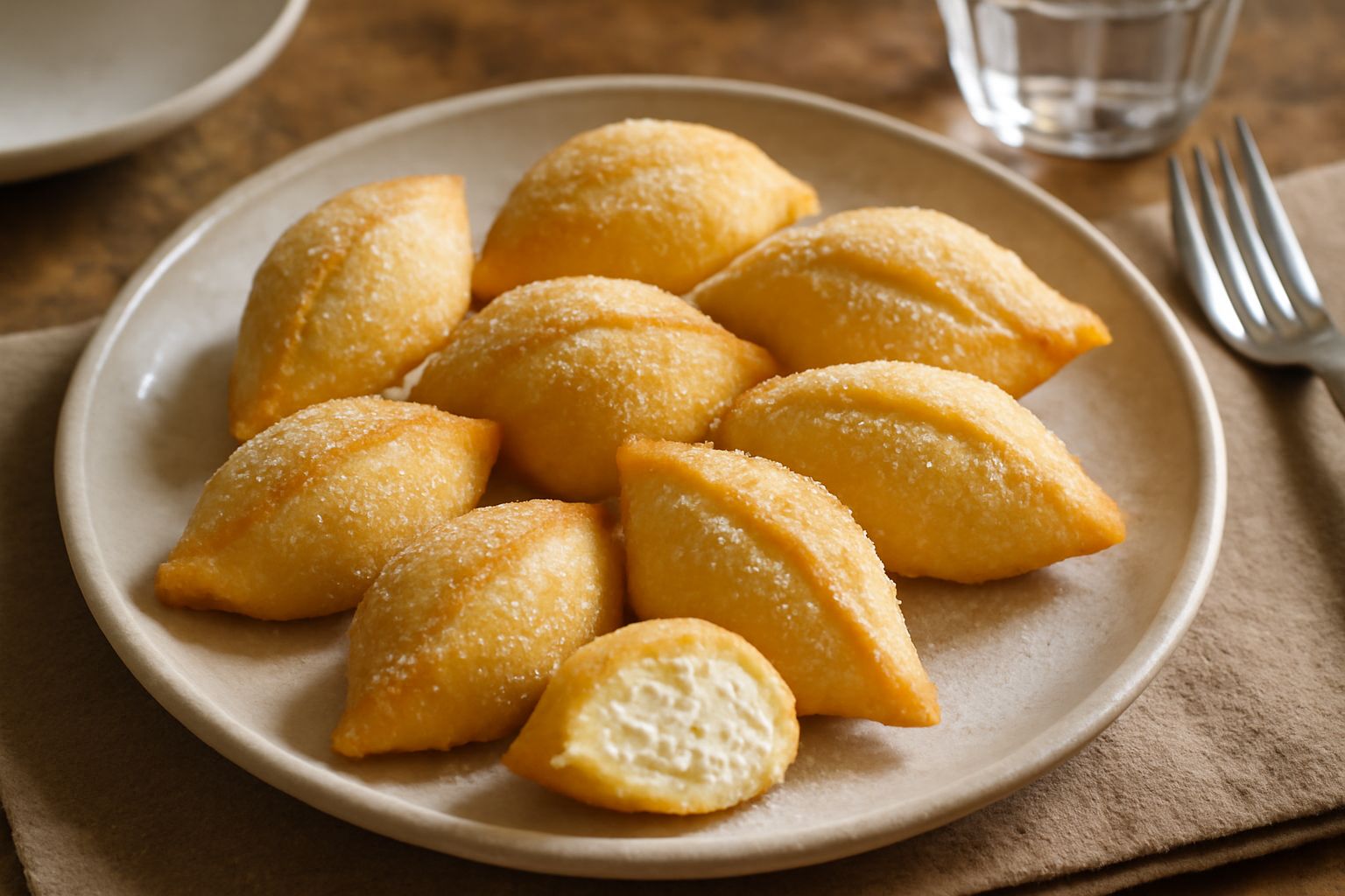 Culurgiones di ricotta dorati e ben piegati, disposti su un piatto bianco con una spolverata di zucchero semolato e una decorazione di scorza d'arancia, sfondo chiaro