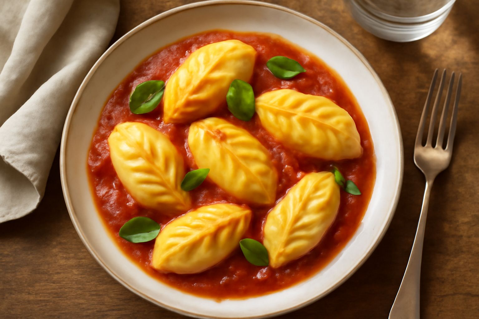 Piatto bianco con culurgiones di patate dorati, ricoperti di sugo di pomodoro, con foglie di menta fresca e filo di olio d'oliva, su tavolo di legno rustico