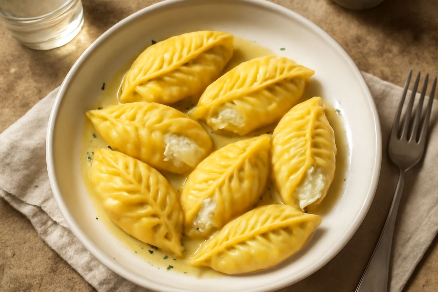 Culurgiones di ricotta dorati su un piatto bianco, con la caratteristica chiusura arricciata visibile, spolverati di pecorino grattugiato, accompagnati da un contorno di sugo di pomodoro leggero