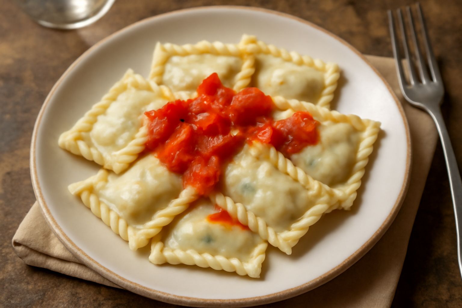 Culurgiones di verdura disposti in un piatto bianco, con il caratteristico motivo arricciato lungo il bordo, ricoperti di sugo rosso e grana grattugiato