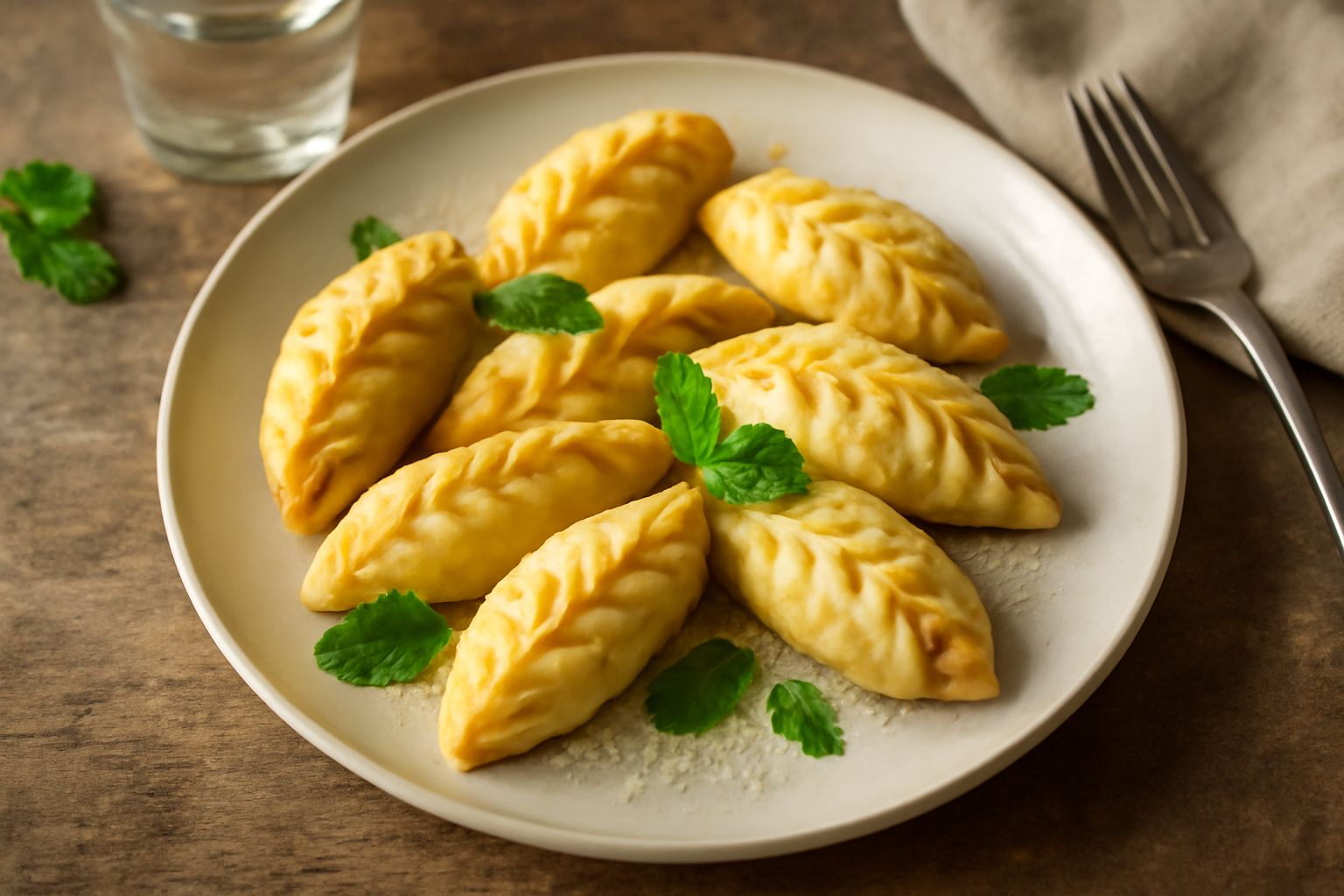 Culurgiones d'impada appena cotti su un piatto bianco, dorati e lucidi di olio, con la caratteristica piega a spiga ben visibile, contorno di menta fresca verde e qualche goccia di sugo rosso ai bordi