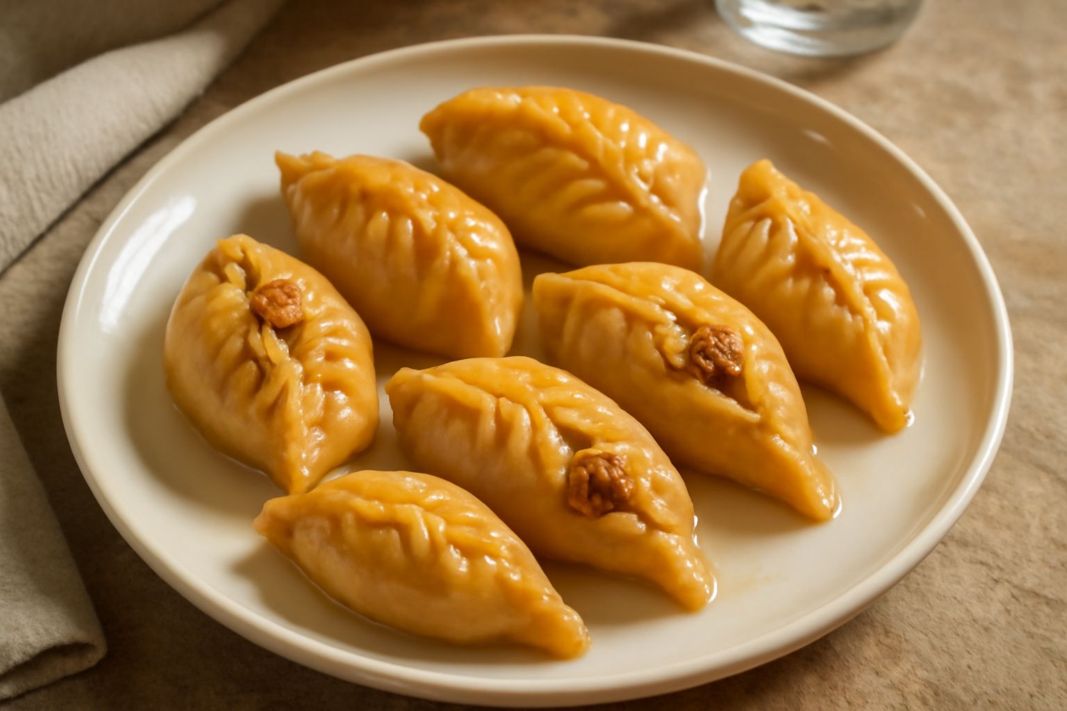 Cinque culurgiones dolci su un piatto bianco, con la forma caratteristica a raggiera e la glassa trasparente, ricoperti da granellini di zucchero grosso. In sottofondo un'arancia sbucciata e mandorle 