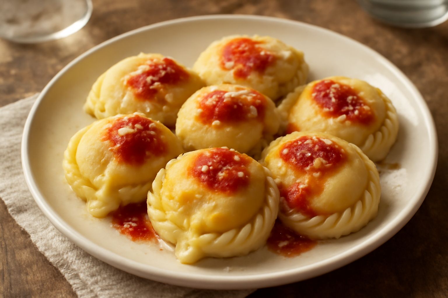 Culurgiones d'Oristano disposti in un piatto bianco, ripieni ben visibili di patate gialle e formaggio, conditi con ragù scuro e guarniti di prezzemolo fresco, su fondo di legno naturale