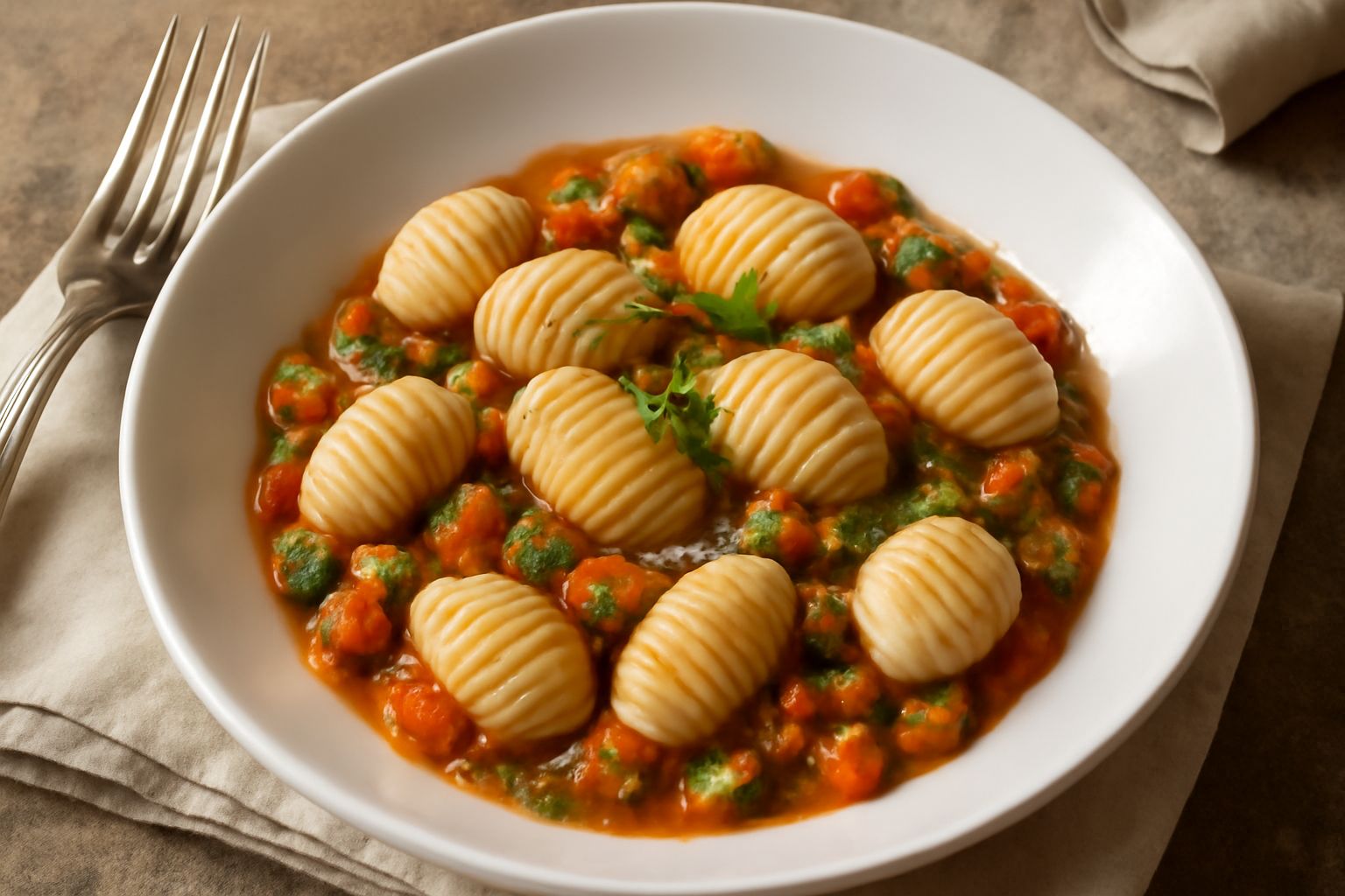 Culurgiones d'ortolana disposti nel piatto, gnocchetti di pasta beige con righe trasversali tipiche, spruzzati di olio d'oliva e pepe nero, con foglie di prezzemolo fresco, sfondo bianco