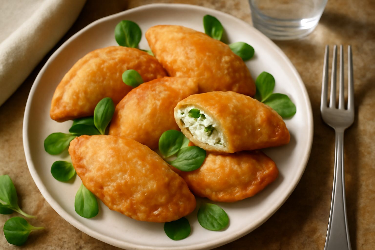 Culurgiones friulani dorati e croccanti in un piatto bianco, con una leggera doratura uniforme, tagliati a metà per mostrare il ripieno di formaggio e verdure al centro
