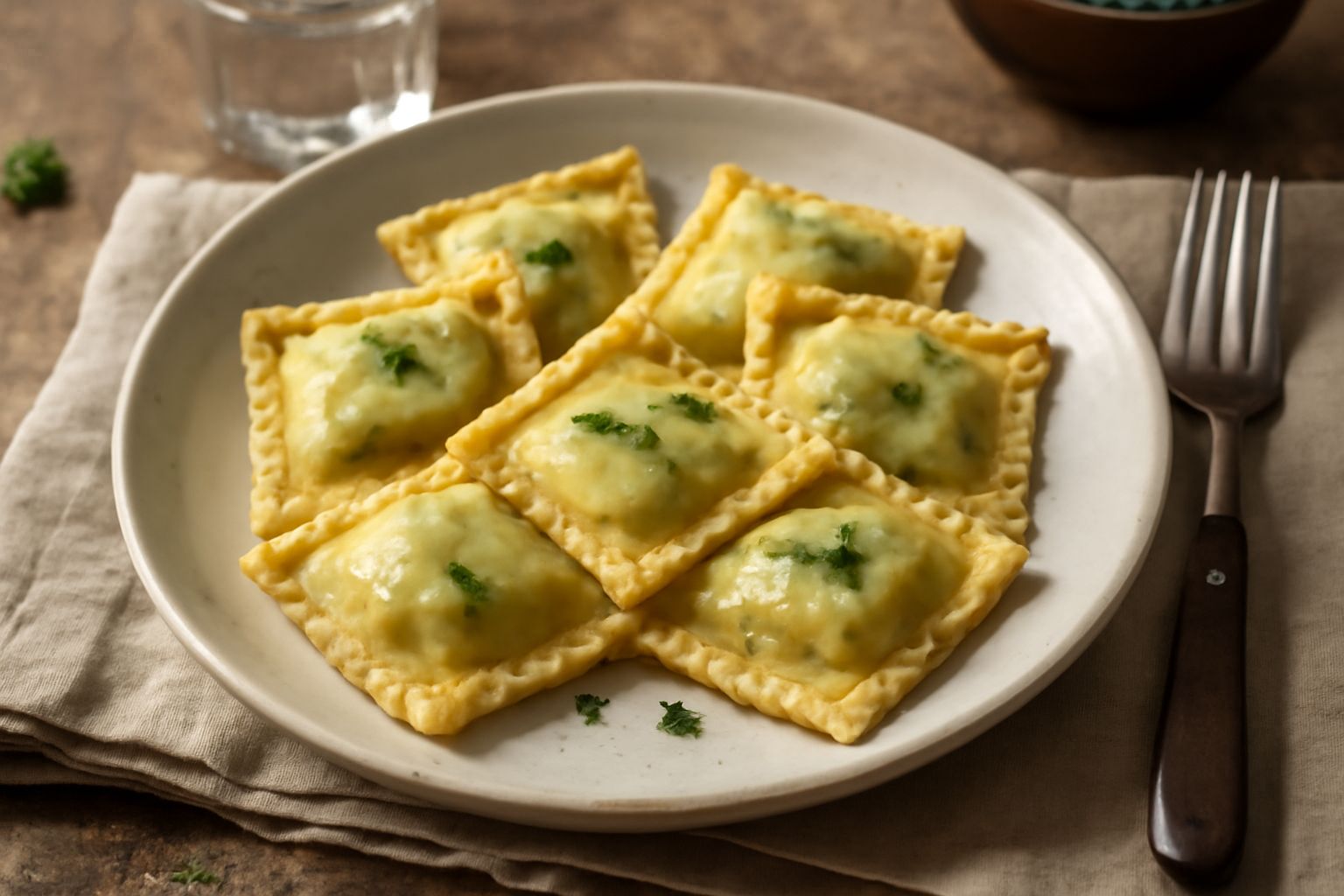 Culurgiones grossetani serviti in un piatto bianco, ripieno di patate e formaggio visibile dal taglio, con salsa di pomodoro e foglie di menta fresca