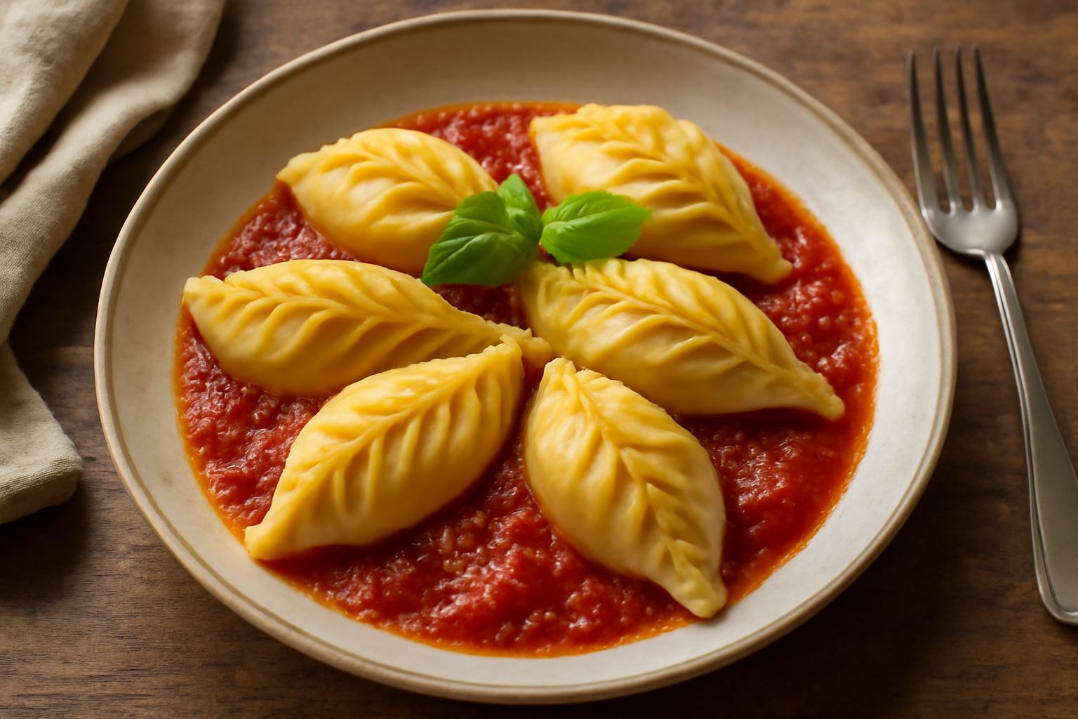 Culurgiones di pasta fresca appena cotti, dorati, con la caratteristica plica a spiga visibile, disposti su un piatto bianco con basilico fresco e un leggero filo d'olio d'oliva