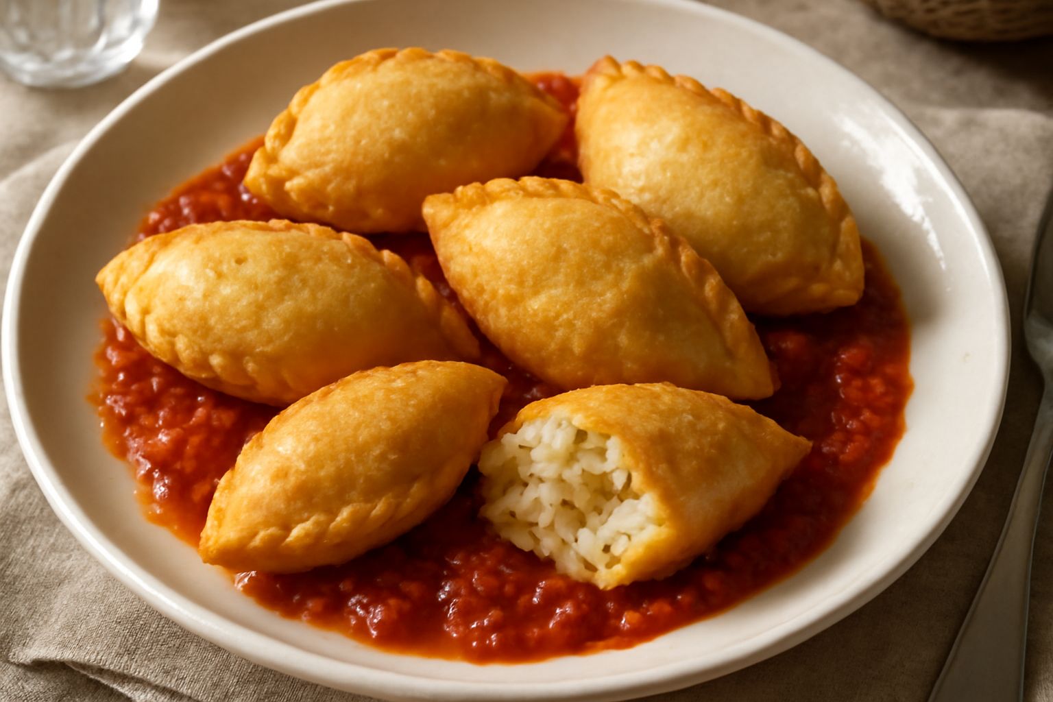 Culurgiones lucani dorati, appena fritti, disposti su carta assorbente, con ripieno di patate e formaggio visibile dalla sezione di un esemplare tagliato a metà