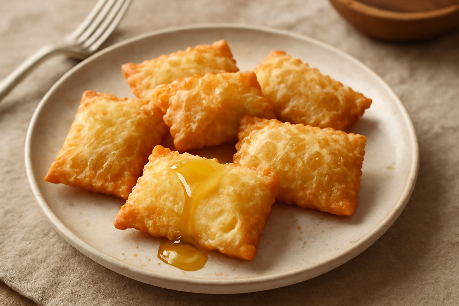 Culurgiones piemontesi fritti su piatto bianco, dorati e croccanti, spolverati di zucchero, con filo di miele che scende da uno spaccato interno che mostra il ripieno di patata cremosa e formaggio