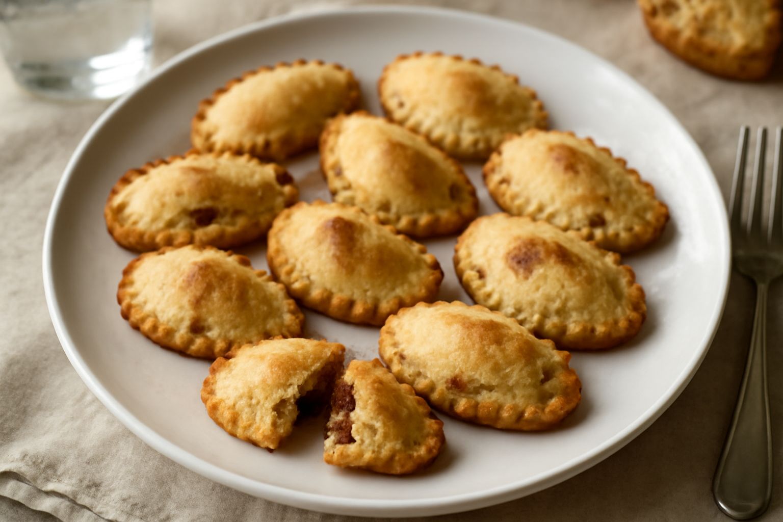Culurgiones reggiani appena sfornati, dorati e croccanti, disposti su piatto bianco. Visibili le loro forme ovali con il ripieno di marmellata scuro che trasuda leggermente dai bordi, mandorle tostate