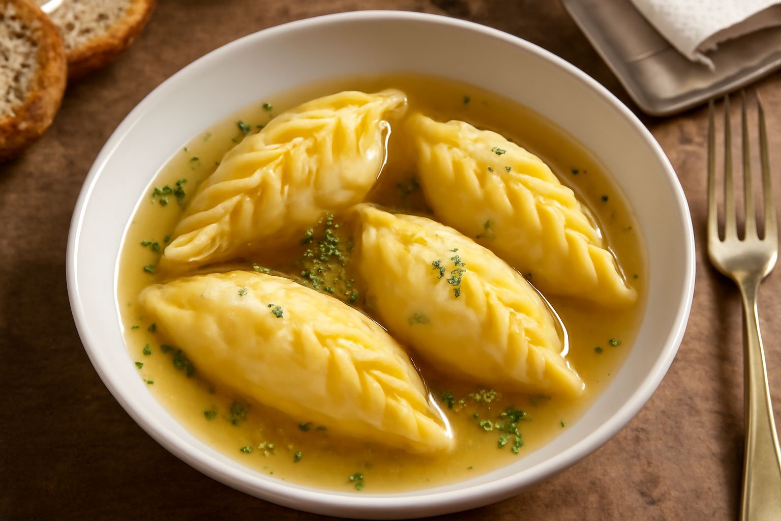 Culurgiones sardi ripieni su piatto bianco, pasta di semola giallo dorato piegata a rosetta, nel brodo con pezzetti di pomodoro fresco e una foglia di mentuccia verde sulla spalla
