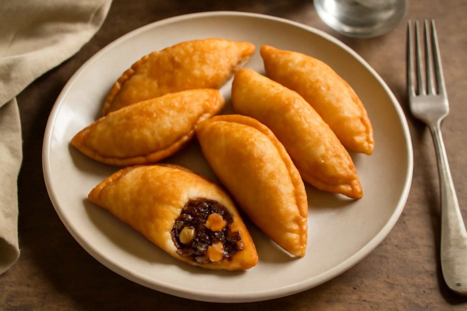 Culurgiones sorrentini dorati e croccanti su piatto bianco, ricoperti di zucchero semolato, con frutta candita visibile nel ripieno, accompagnati da filo di miele e mandorle sbucciate