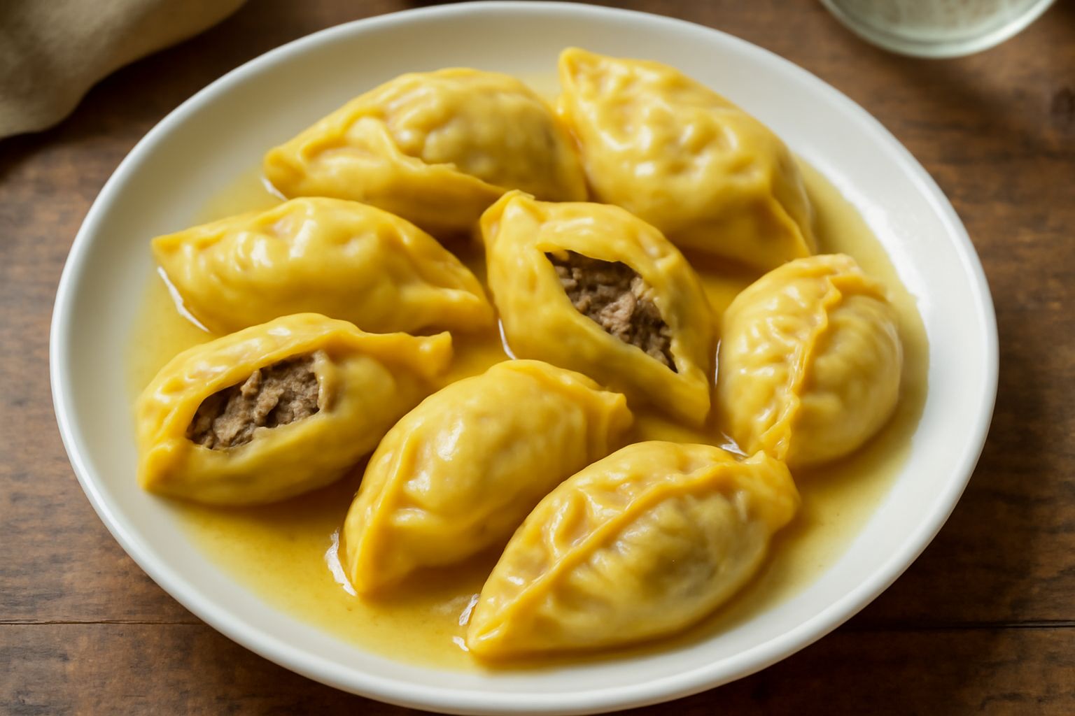 Culurgiones teramani in piatto di ceramica bianca, ravioli quadrati con sfoglia dorata cotta nel brodo, ripieni ben visibili dal bordo, cosparsi di parmigiano grattugiato e prezzemolo fresco