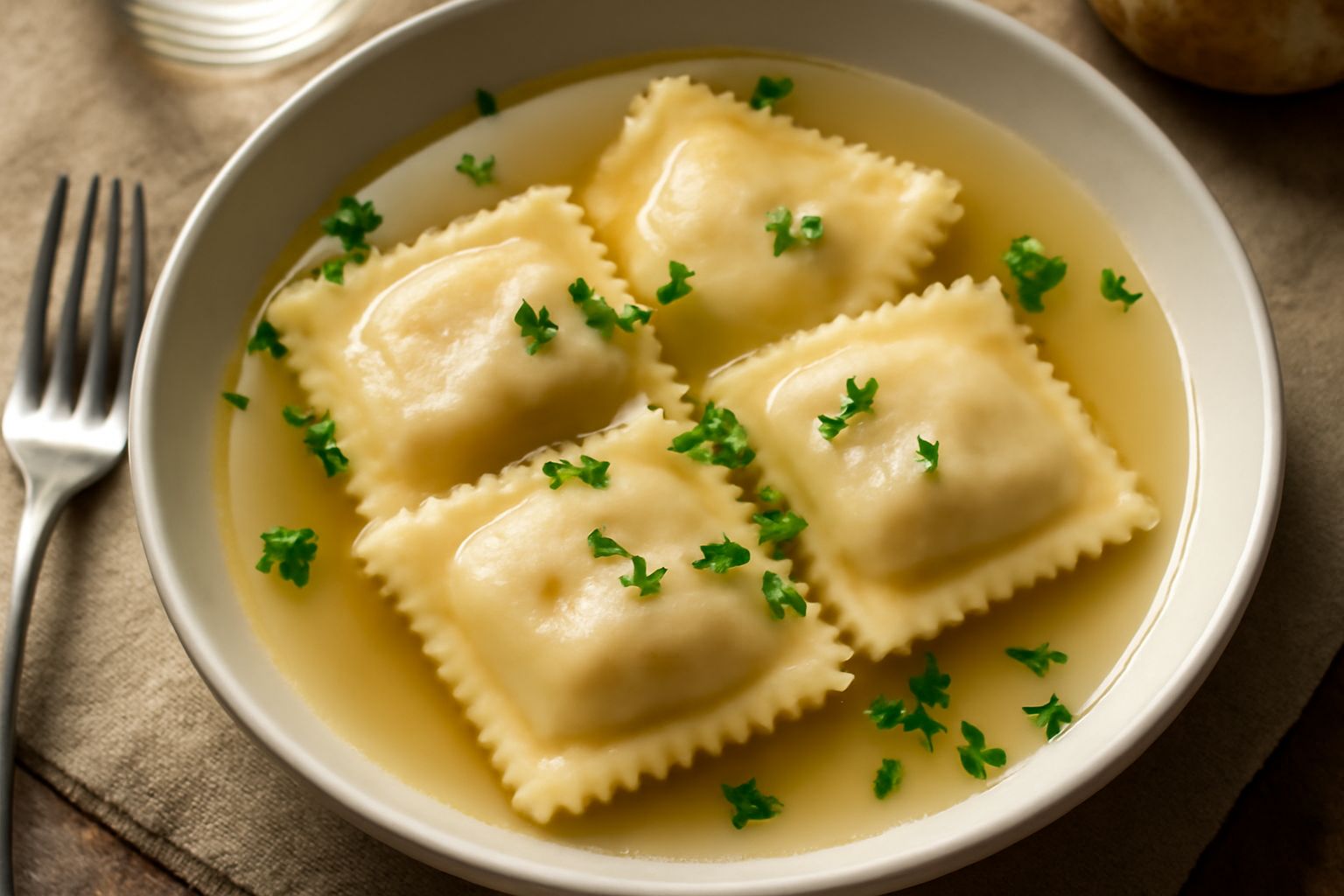 Culurgiones valdostani in un piatto fondo bianco con brodo caldo trasparente, quattro ravioli quadrati con bordi ondulati sigillati, superficie liscia e lucida, guarnizione di prezzemolo fresco tritat