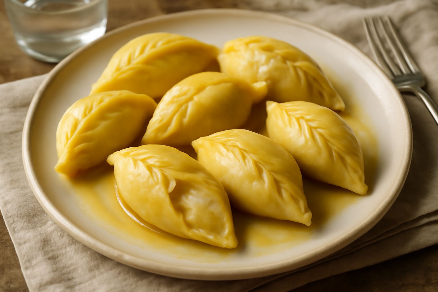 Culurgiones viterbesi appena lessati, dorati e lucidi nel piatto bianco, con il ripieno di patate giallo-bianco visibile dalla chiusura a spiga, accompagnati da olio d'oliva e basilico fresco