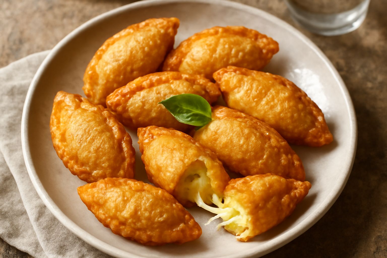 Culurgioni de patata dorati e croccanti disposti su un piatto bianco, con una goccia di olio brillante sulla superficie, menta fresca accanto, contorno di pomodori rossi e formaggio sbriciolato