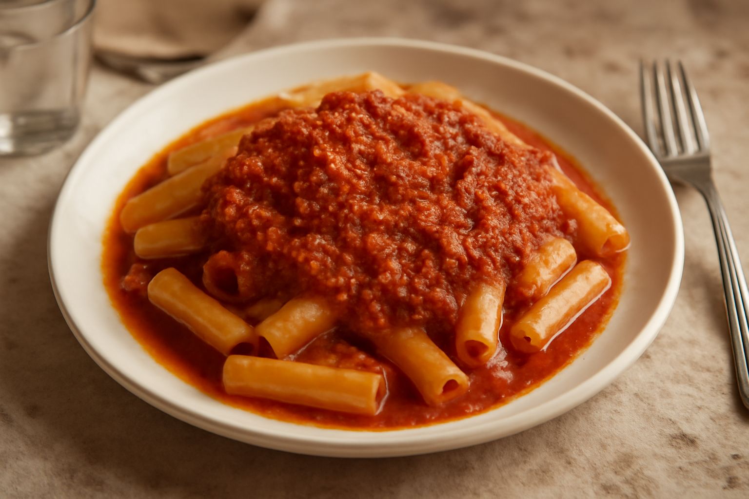 Cunzatu rosso intenso in una ciotola bianca, con chicchi di formaggio grattugiato visibile in superficie, aglio sbucciato e pomodori freschi sullo sfondo