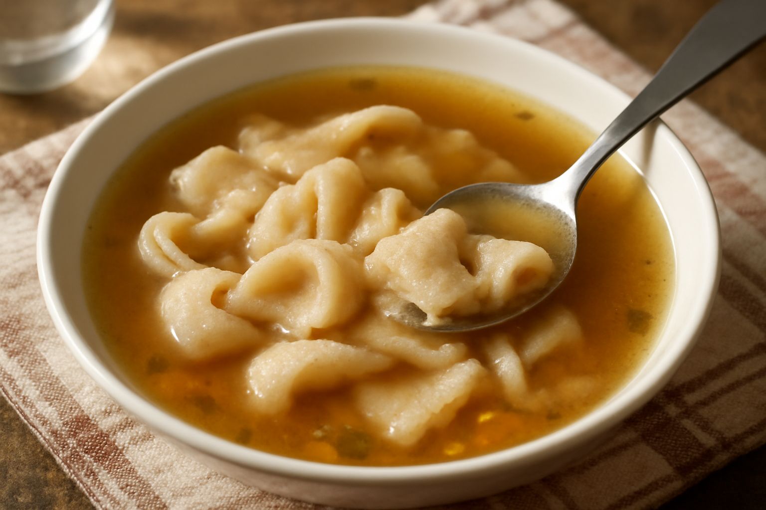 Ciotola bianca con brodo fumante color ambrato, pezzetti di cuoio di maiale morbido e traslucido, sedano e carota tagliati a dadini, prezzemolo fresco spolverato sulla superficie