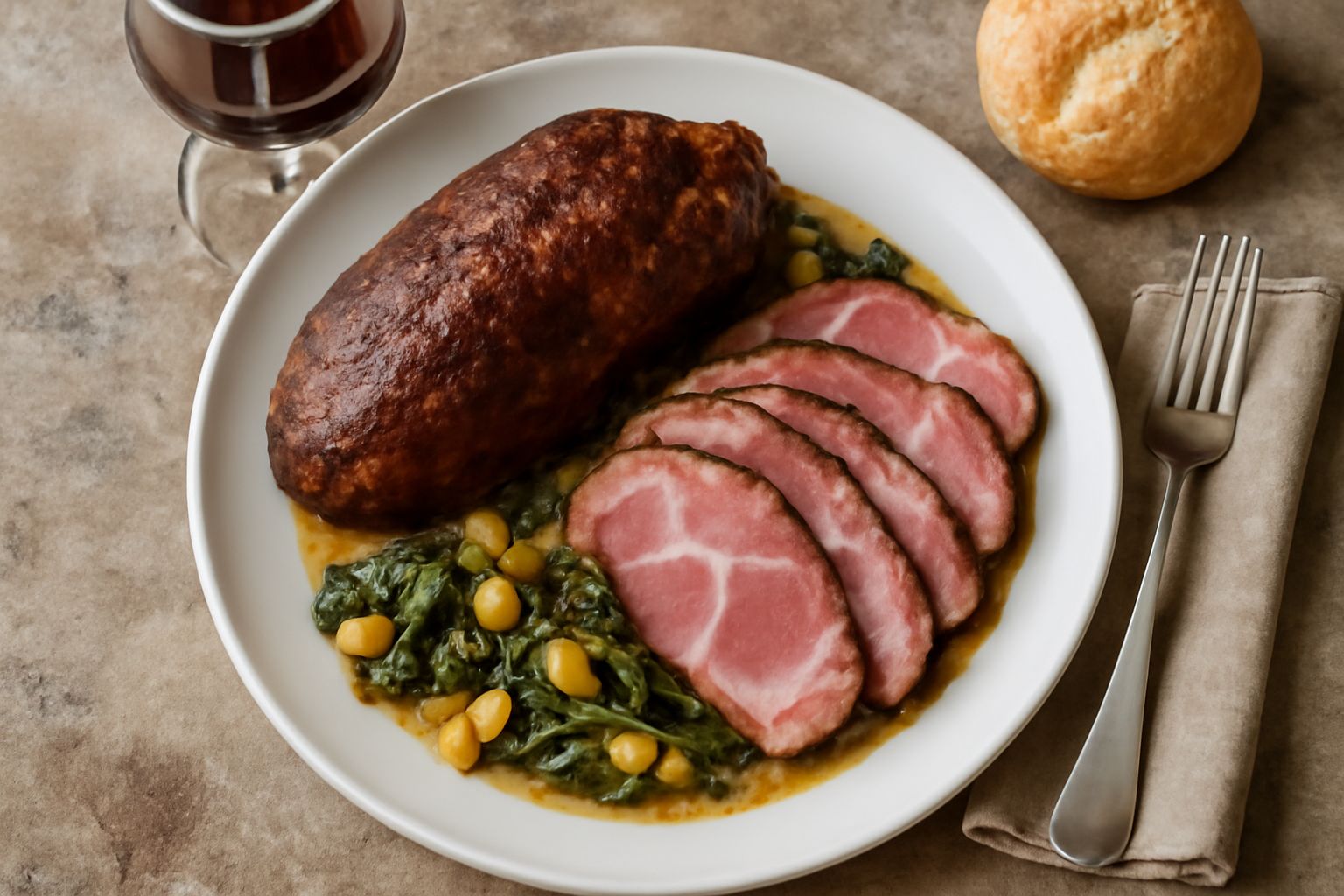 Fette di cuoppa affumicata su un tagliere di legno, carne rosso scuro con venature di grasso bianco e affumicatura in superficie